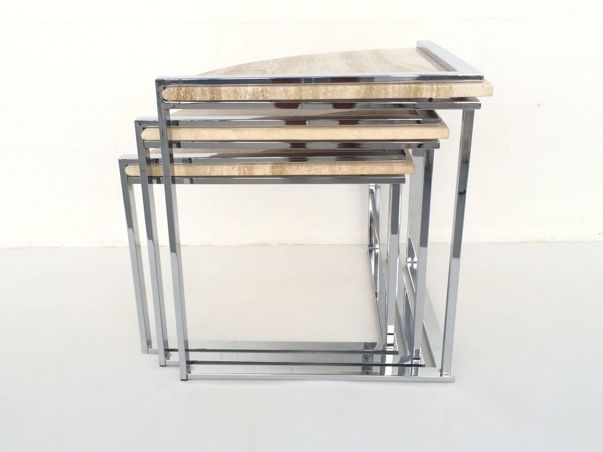 American  Travertine and Polished Chrome Nesting Tables Designed by Milo Baughman