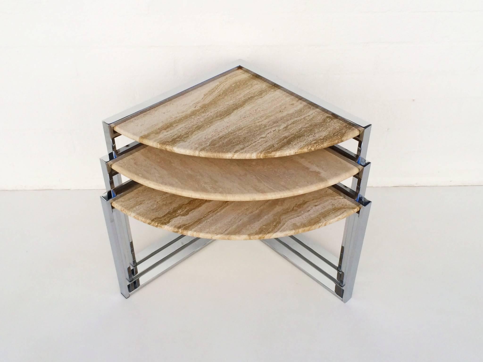 Late 20th Century  Travertine and Polished Chrome Nesting Tables Designed by Milo Baughman