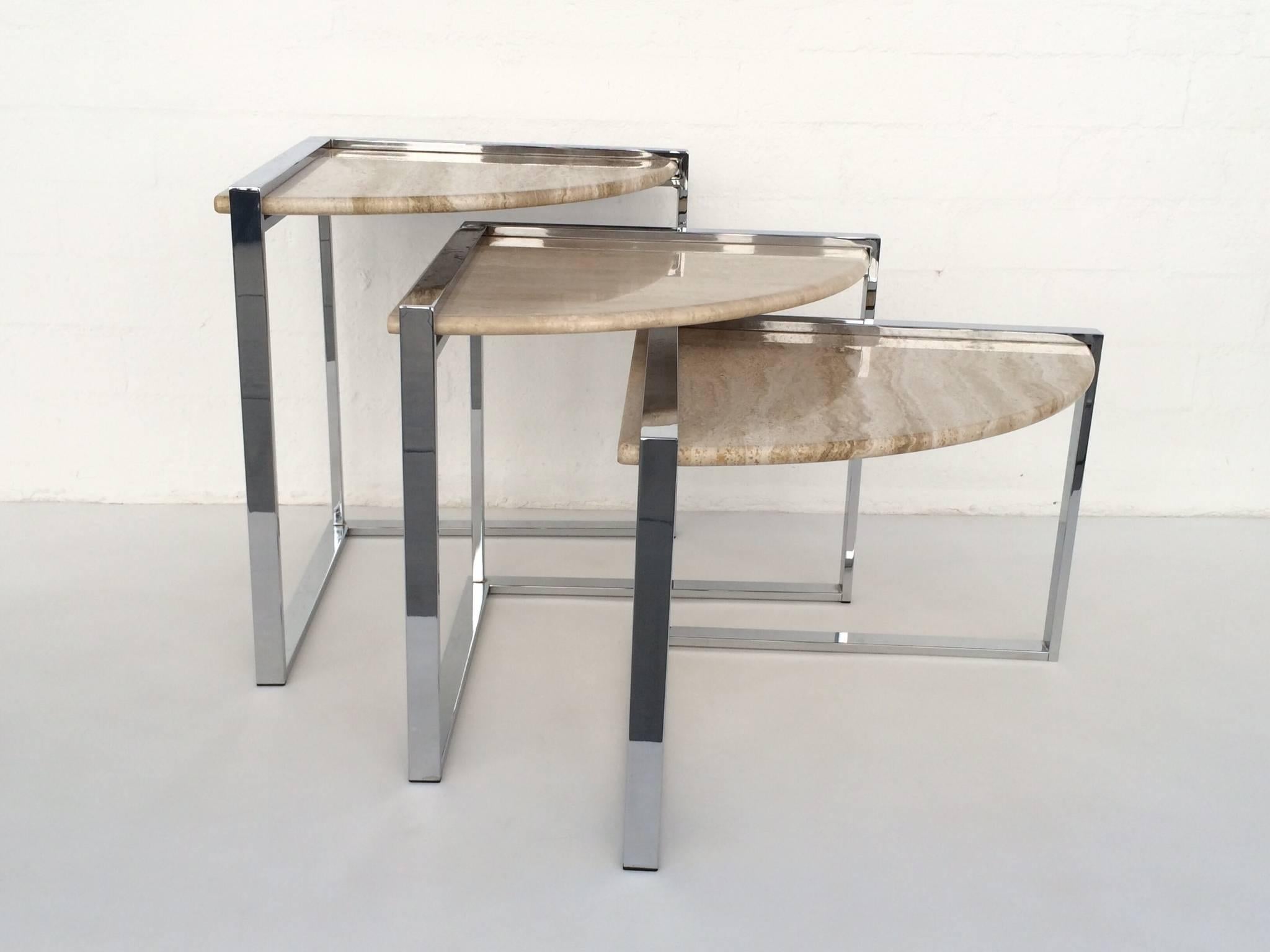  Travertine and Polished Chrome Nesting Tables Designed by Milo Baughman 1