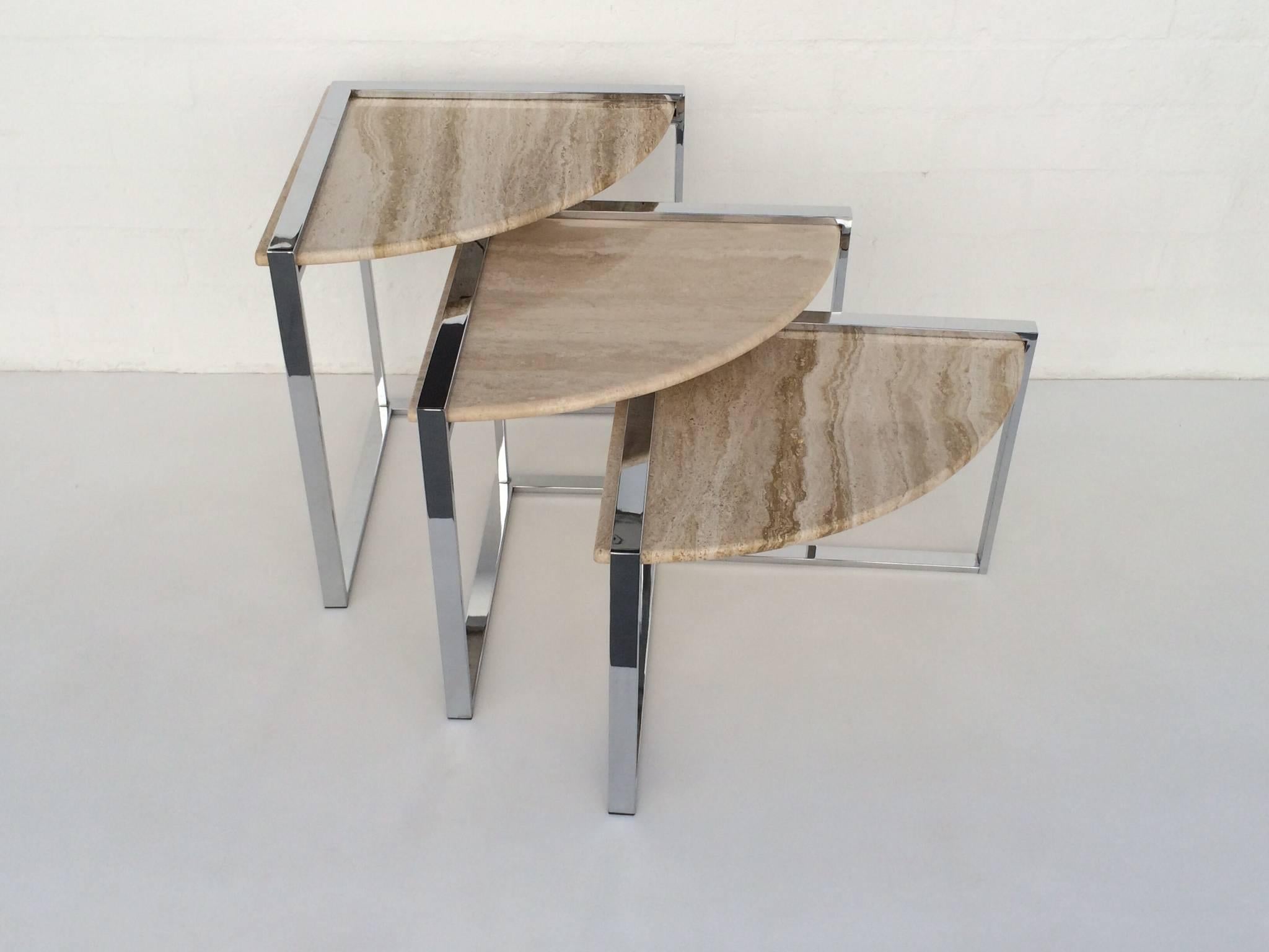 Mid-Century Modern  Travertine and Polished Chrome Nesting Tables Designed by Milo Baughman