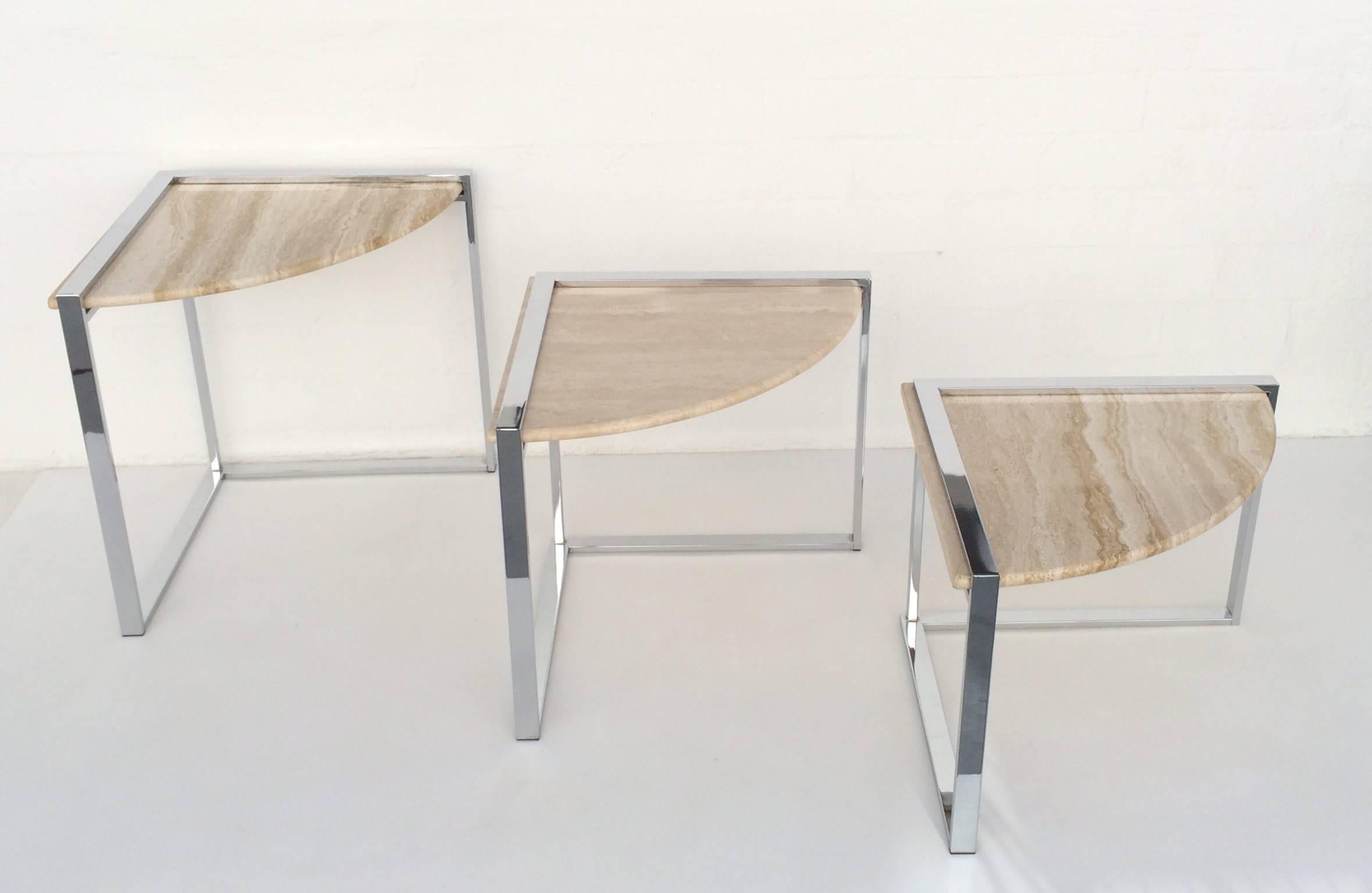  Travertine and Polished Chrome Nesting Tables Designed by Milo Baughman 2