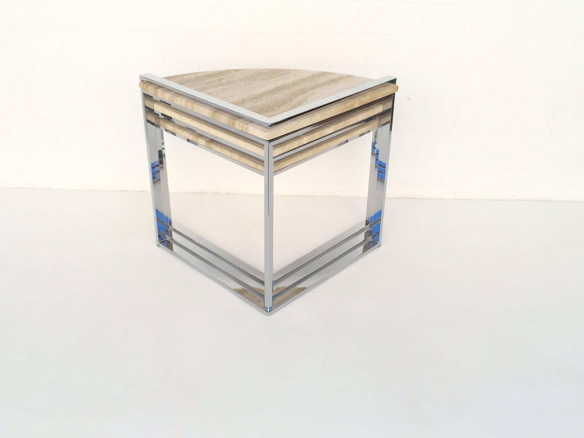  Travertine and Polished Chrome Nesting Tables Designed by Milo Baughman In Excellent Condition In Palm Springs, CA