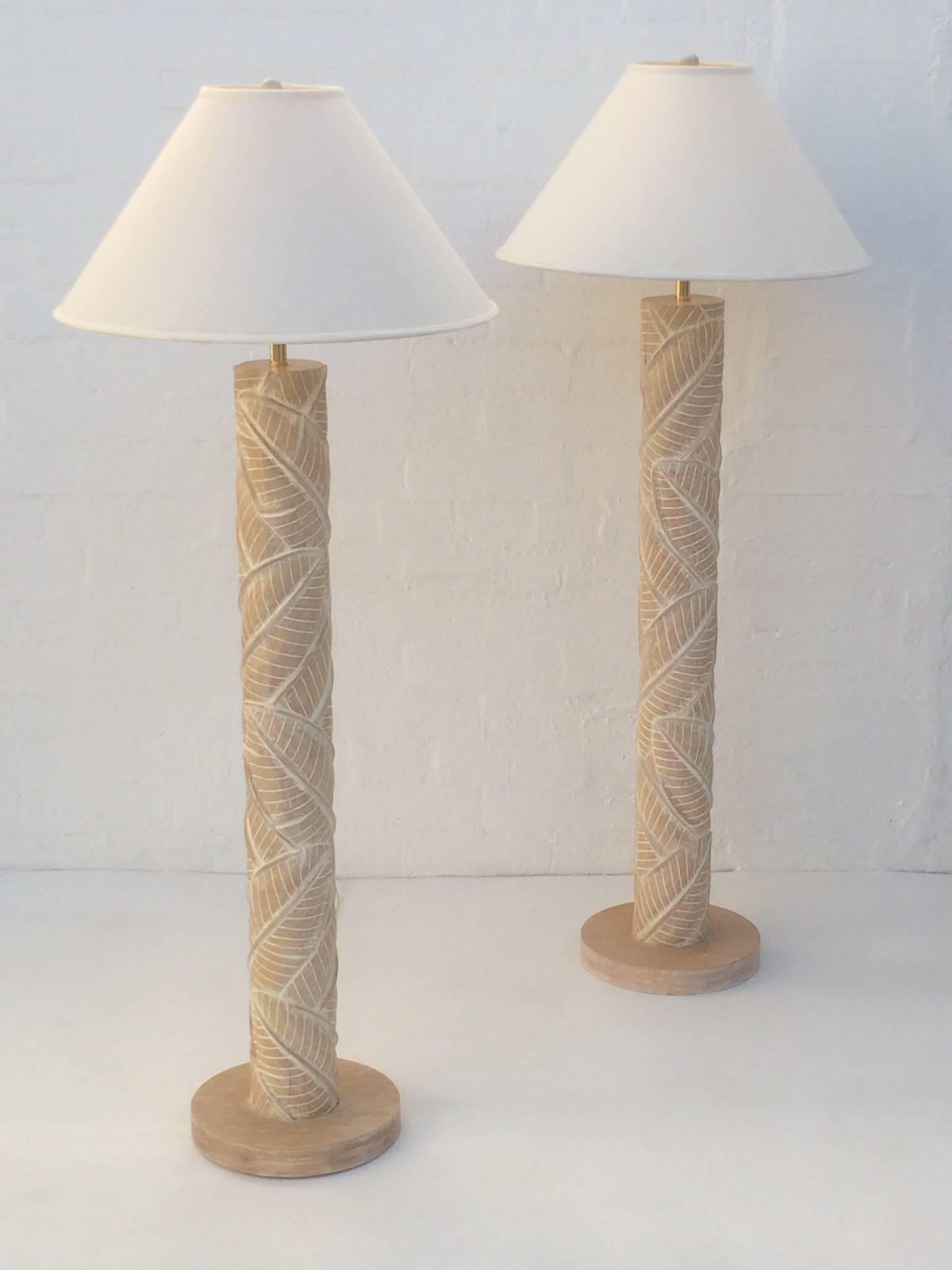 Brass Pair of Carved Wood Floor Lamps For Sale