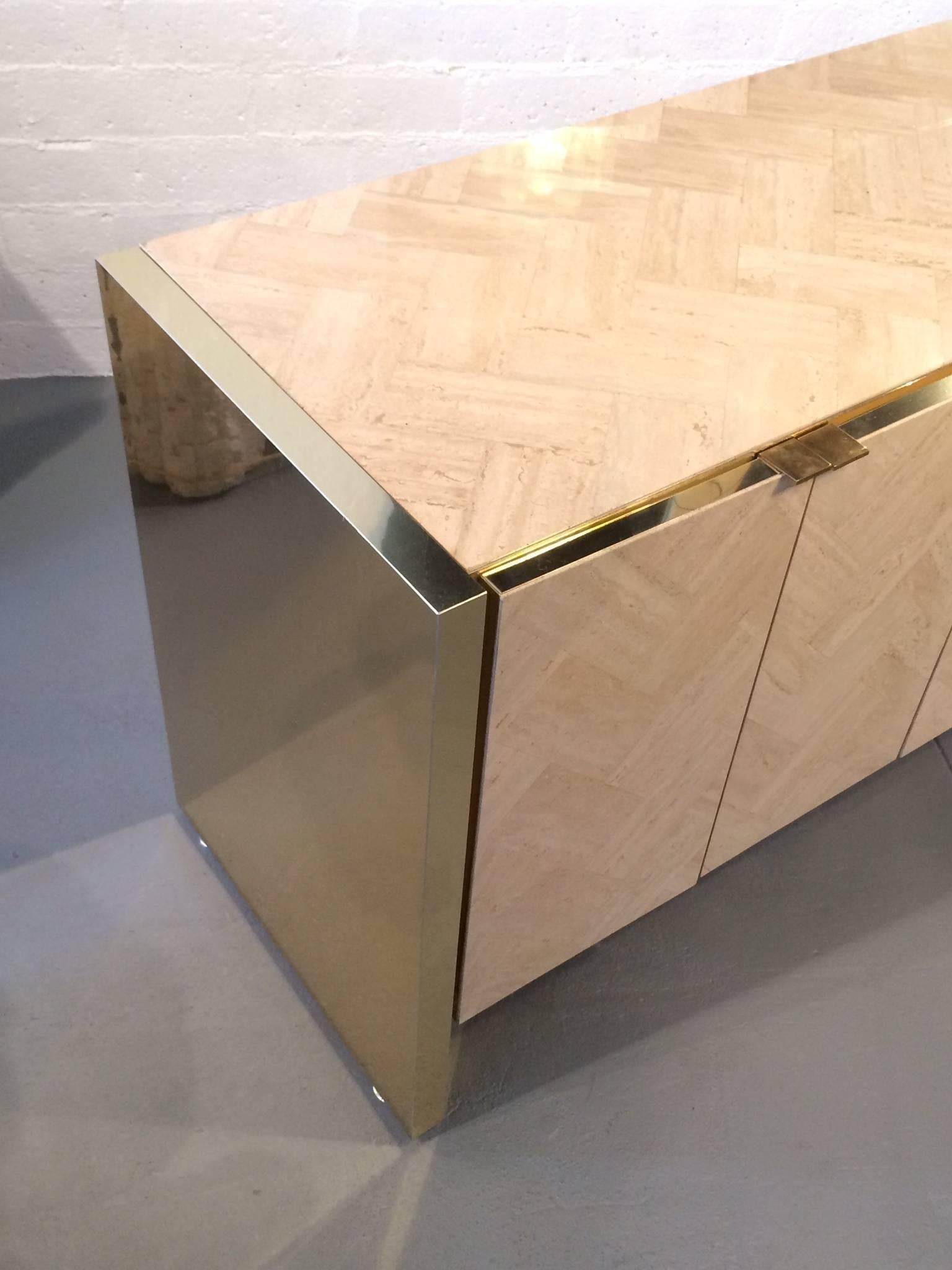American Italian Polished Travertine and Brass Cabinet by Ello