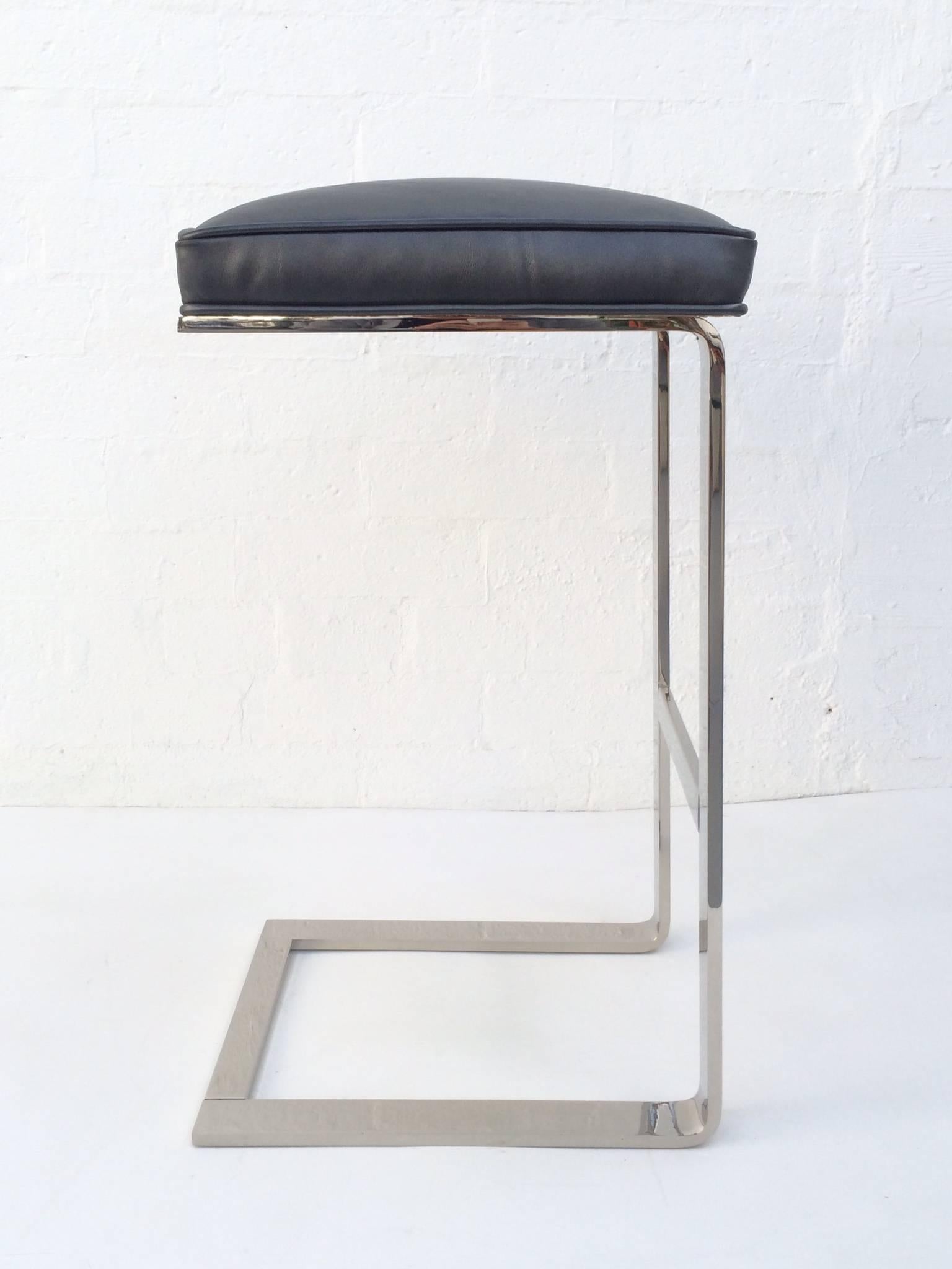 Plated Pair of Nickel and Leather Barstools by Milo Baughman
