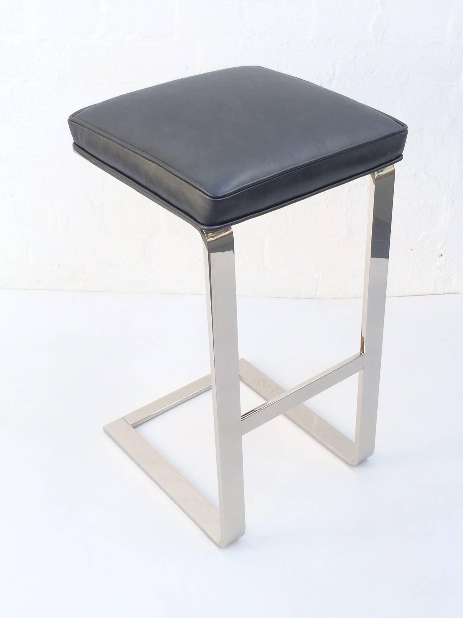 Pair of Nickel and Leather Barstools by Milo Baughman 2