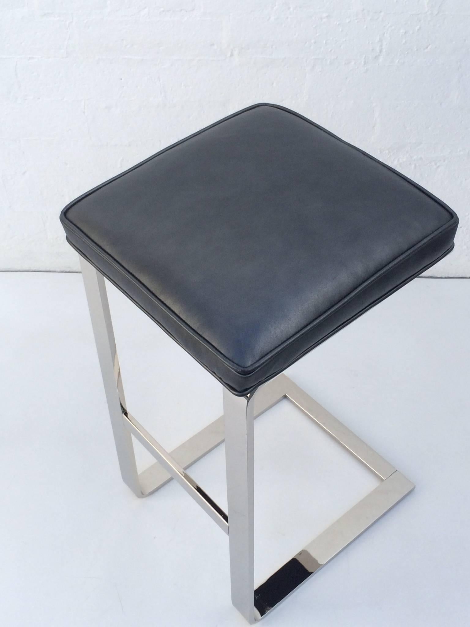 American Pair of Nickel and Leather Barstools by Milo Baughman