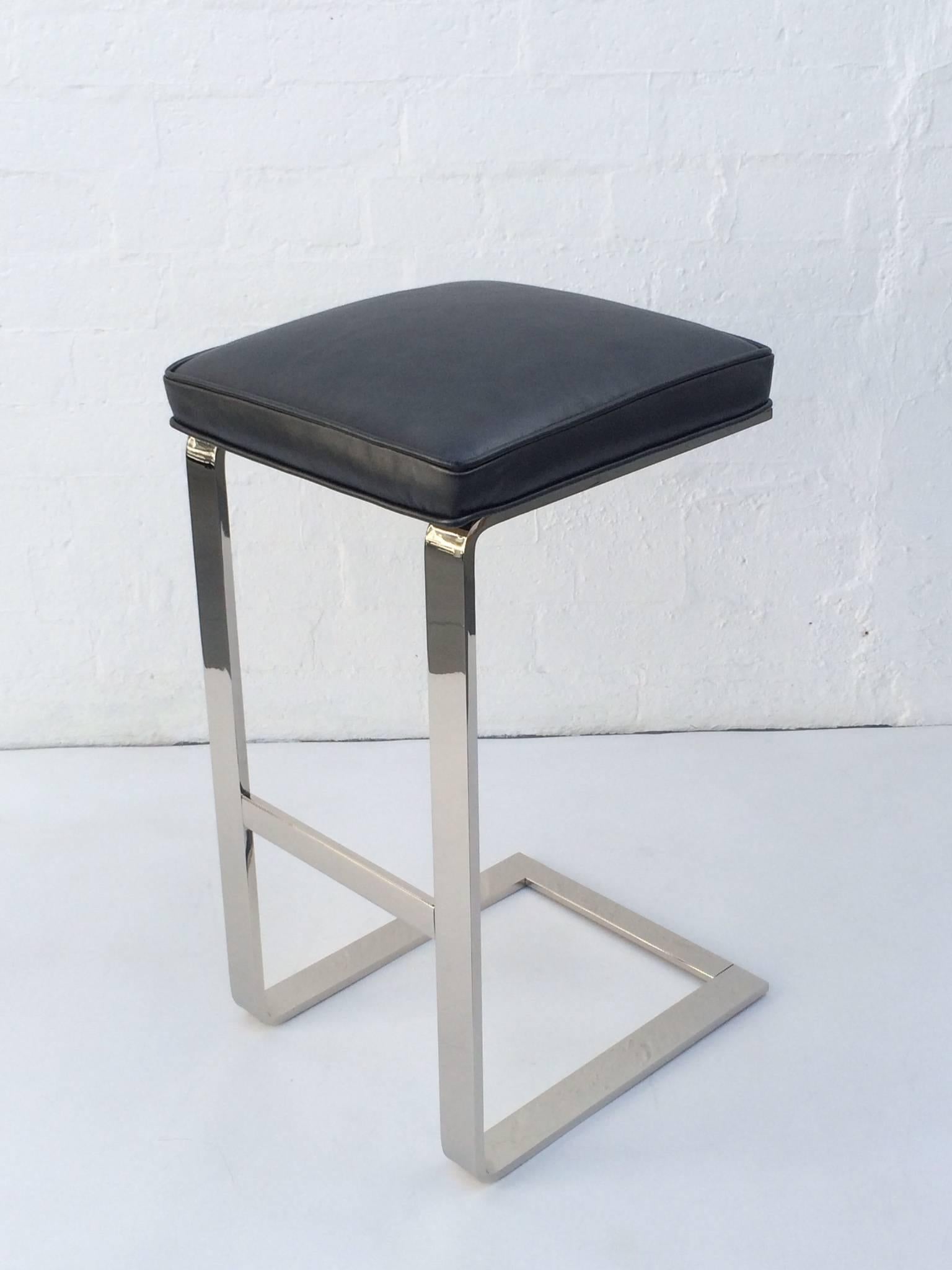 Pair of Nickel and Leather Barstools by Milo Baughman 3