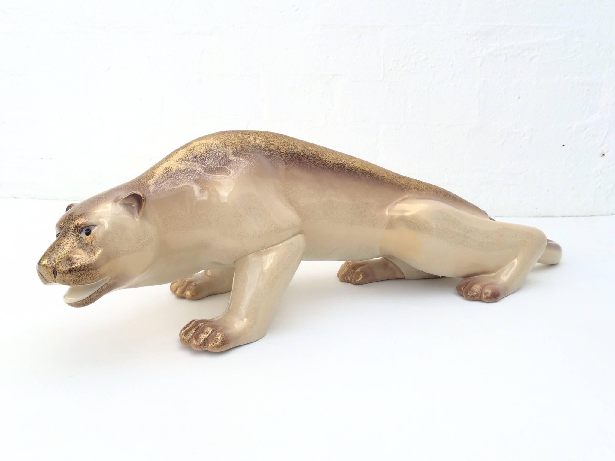 Hand-Painted Large Italian Porcelain Mountain Lion by Giulia Mangani for Oggetti For Sale