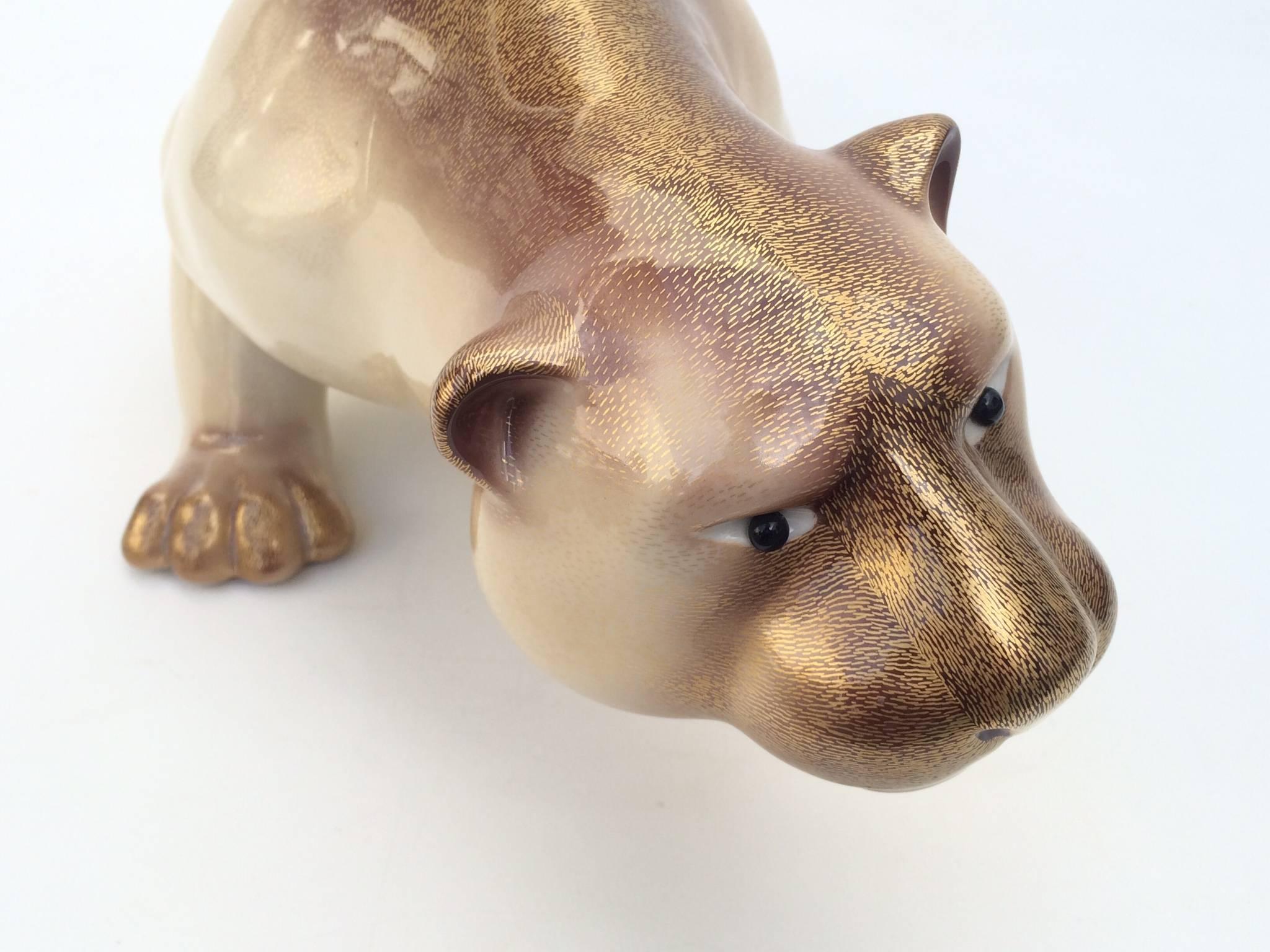 Hand-Painted Large Italian Porcelain Mountain Lion by Giulia Mangani for Oggetti For Sale