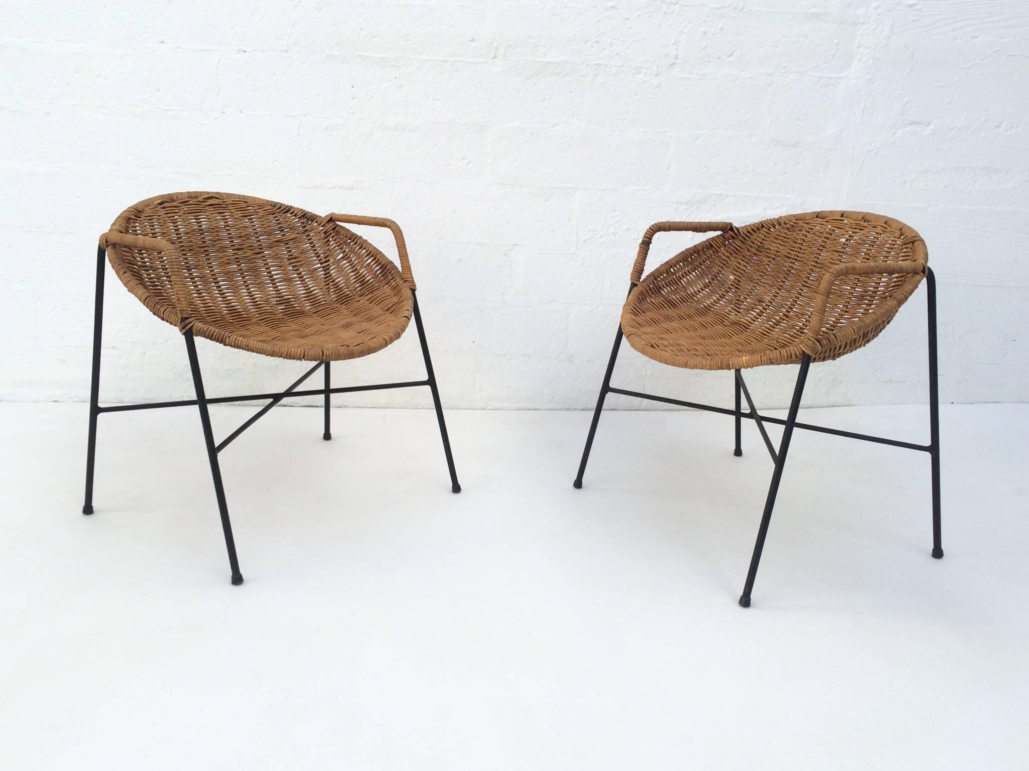 Rare Pair of Wrought Iron and Wicker Child Chairs by Salterini  In Excellent Condition In Palm Springs, CA