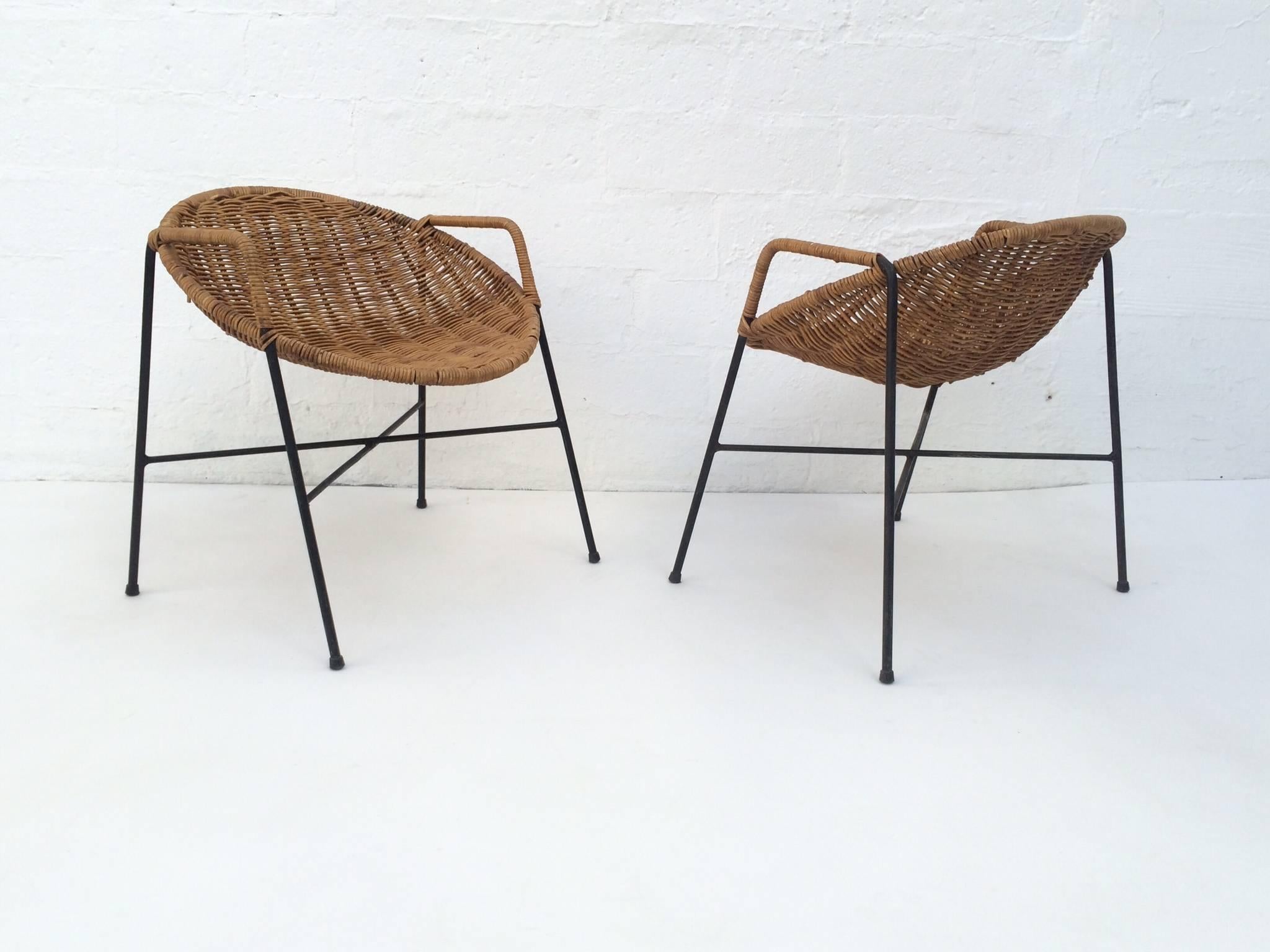 Mid-20th Century Rare Pair of Wrought Iron and Wicker Child Chairs by Salterini 