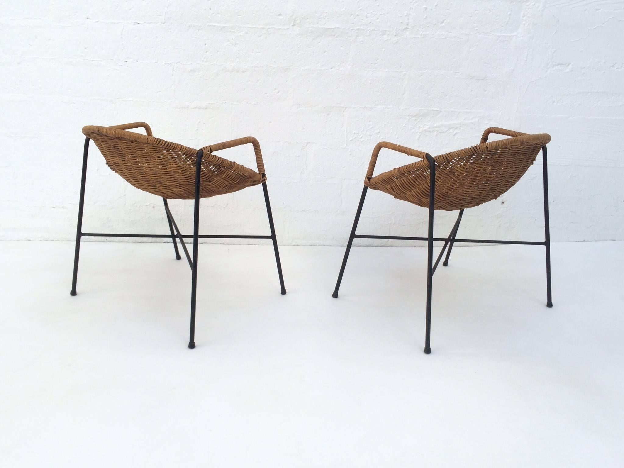 Mid-Century Modern Rare Pair of Wrought Iron and Wicker Child Chairs by Salterini 