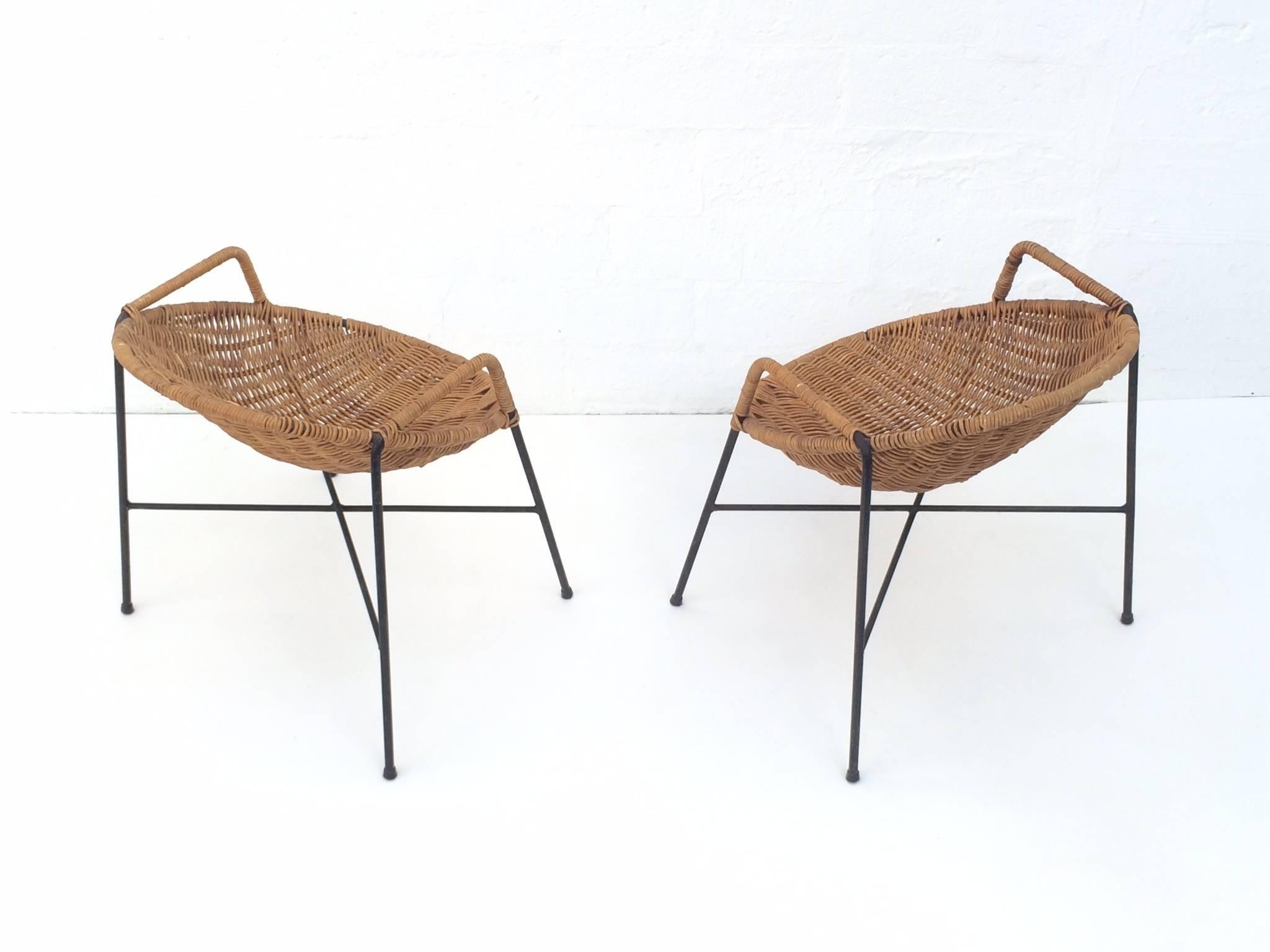 American Rare Pair of Wrought Iron and Wicker Child Chairs by Salterini 