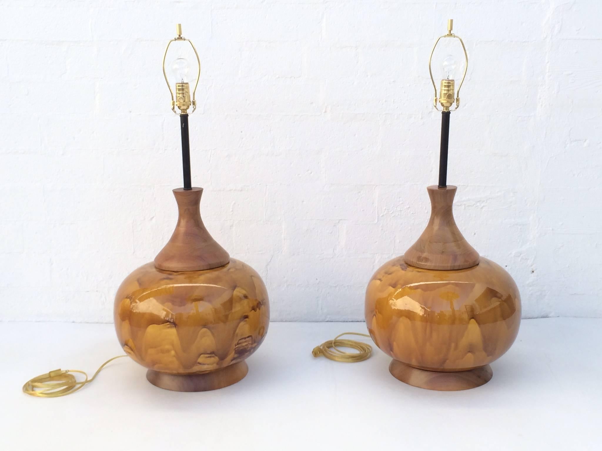 Brass Large Pair of Drip Glazed Ceramic Lamps