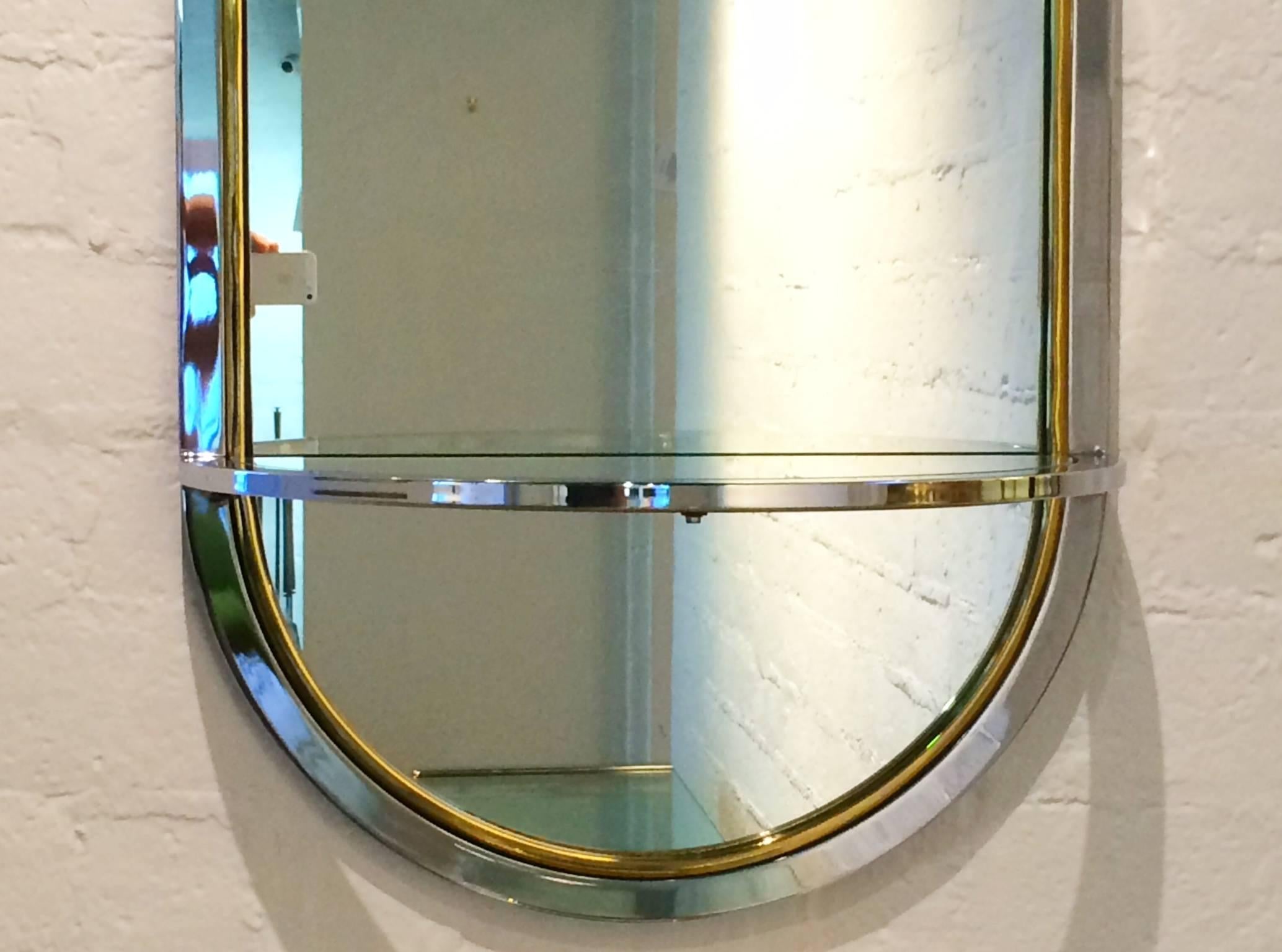 Organic Modern Chrome and Glass Mirror with Demilune Shelf by Pace Collection