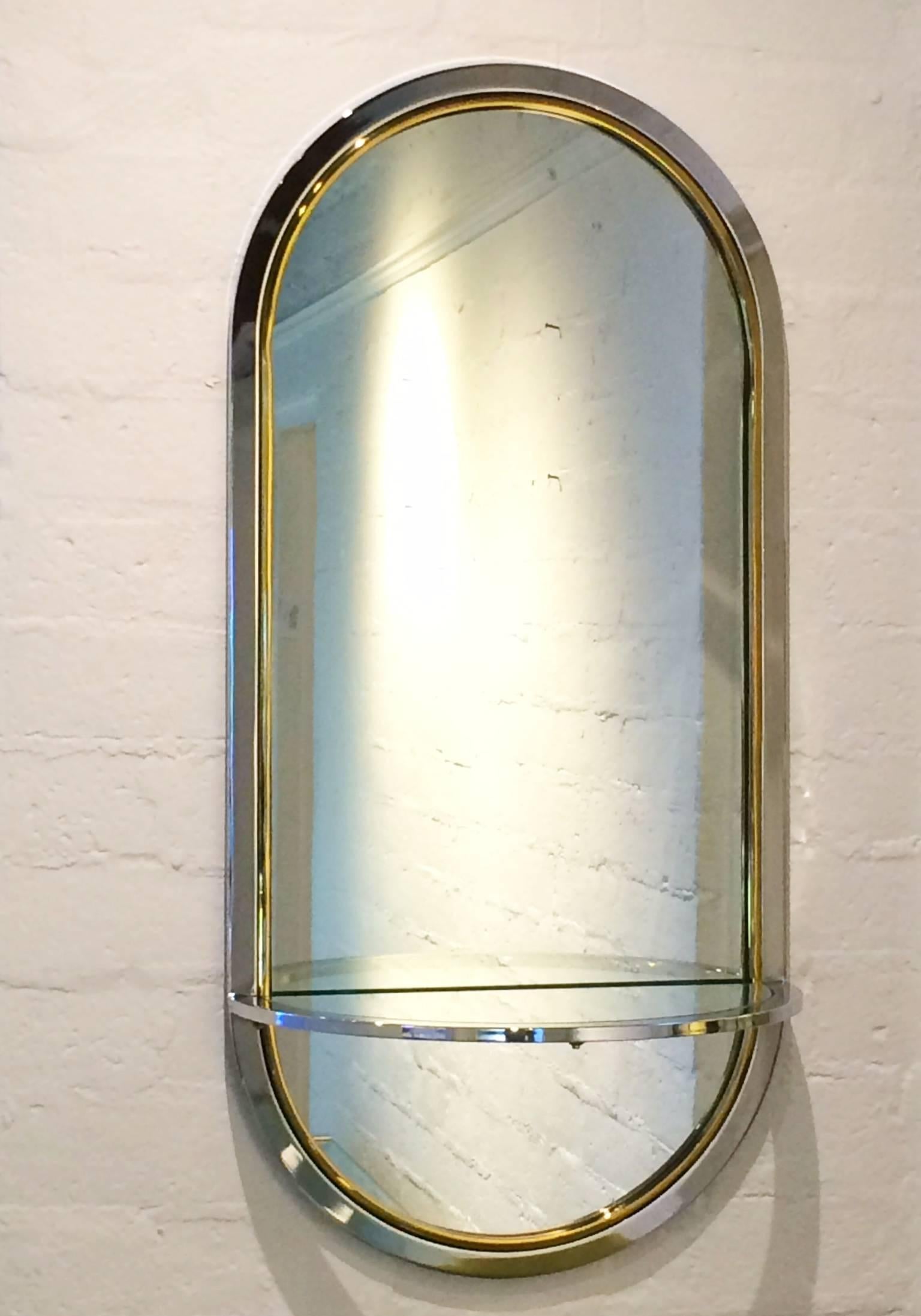 Chrome and Glass Mirror with Demilune Shelf by Pace Collection In Excellent Condition In Palm Springs, CA