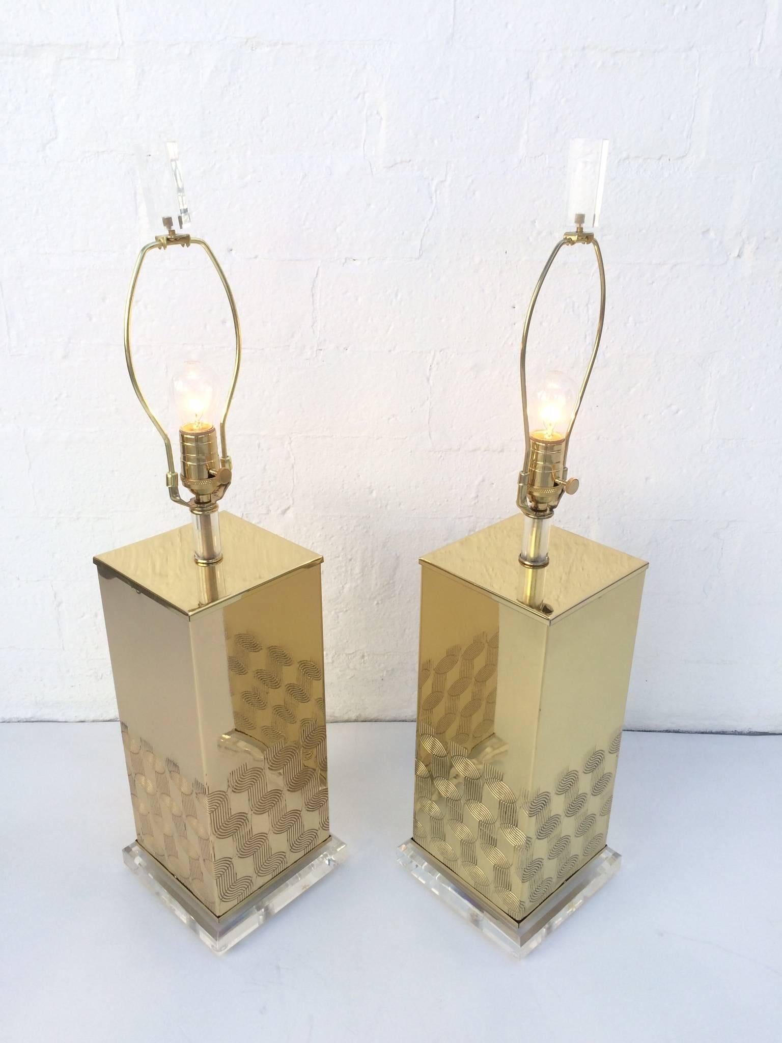 Polished Brass and Acrylic Table Lamps In Excellent Condition For Sale In Palm Springs, CA