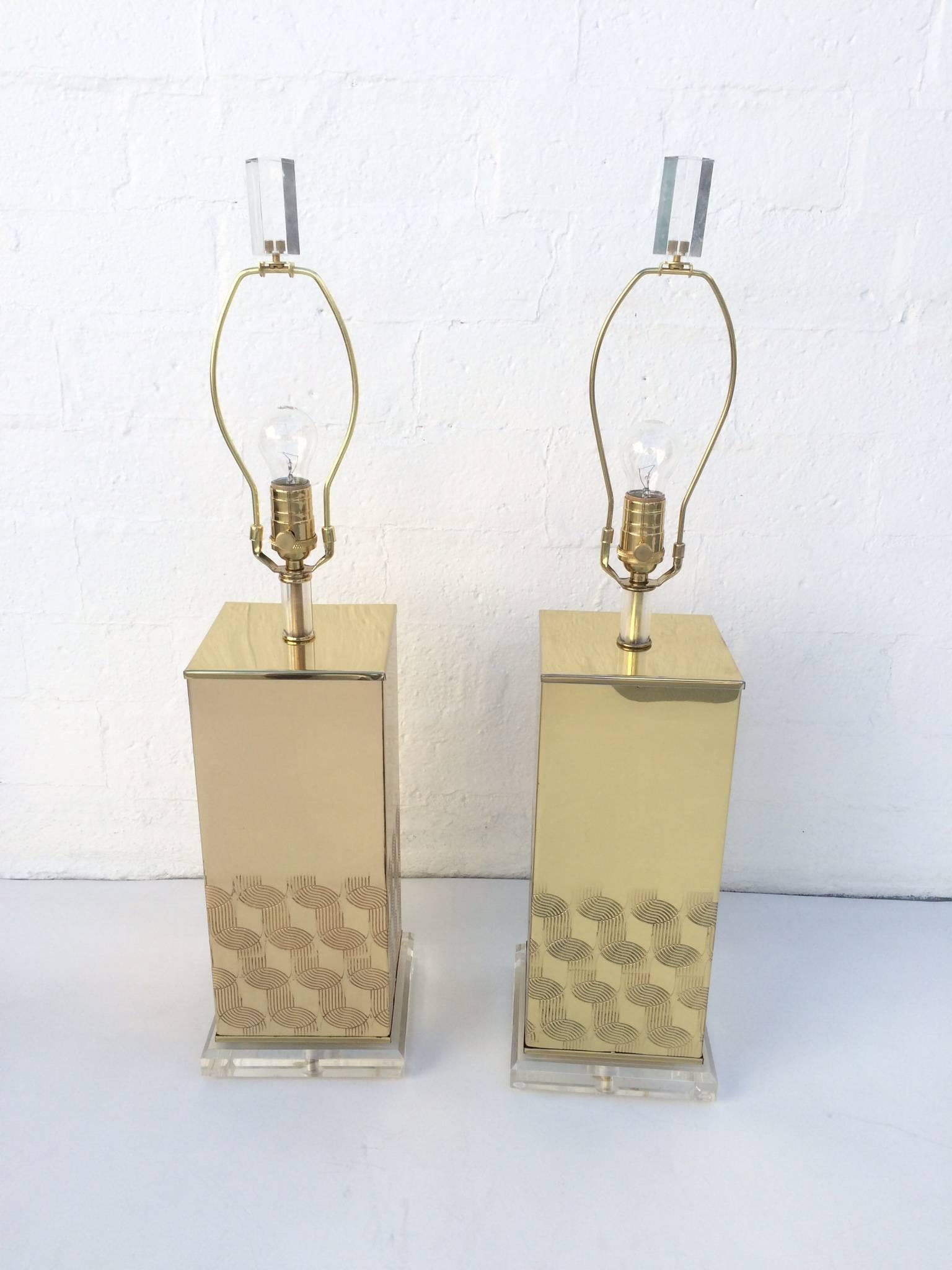 American Polished Brass and Acrylic Table Lamps For Sale