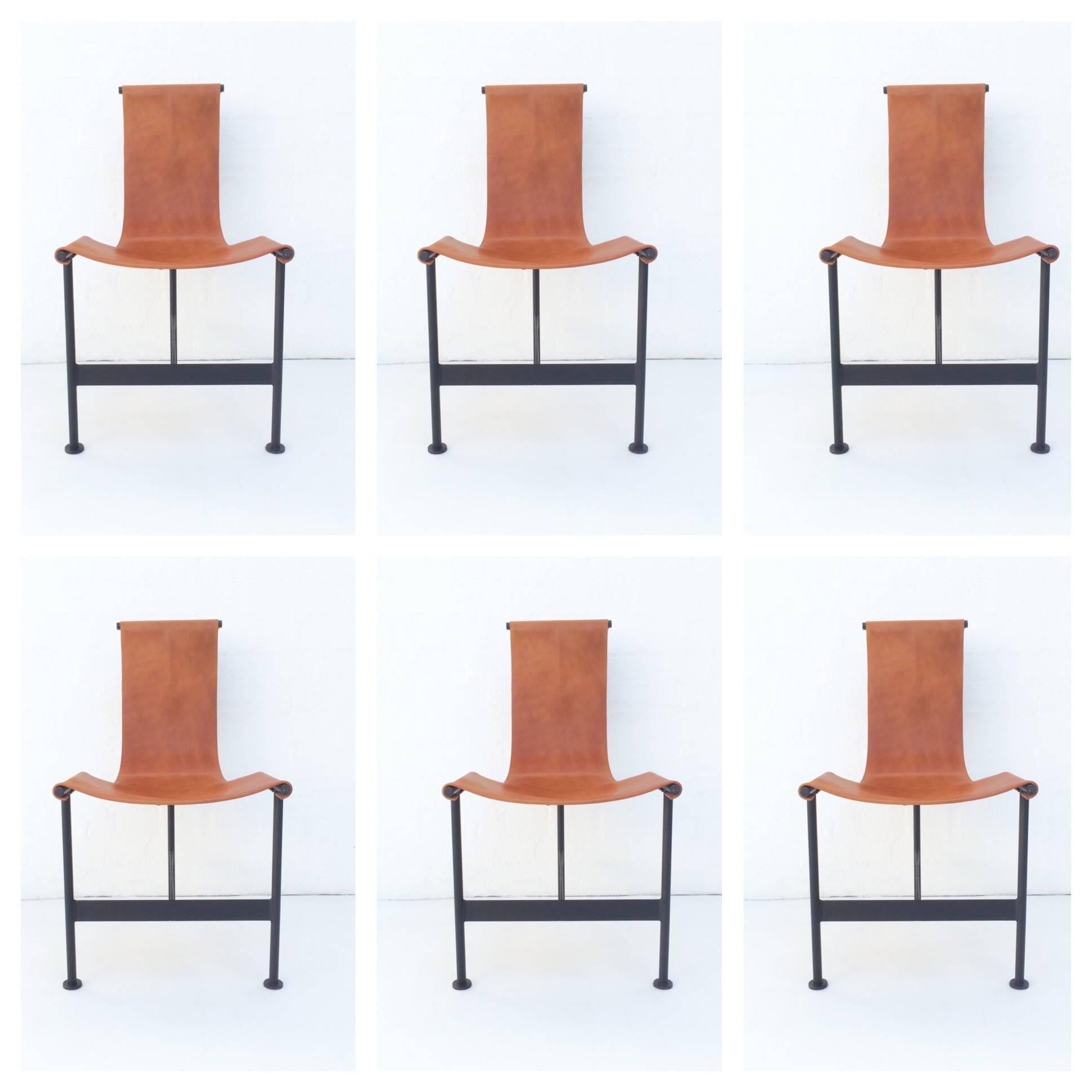 Set of six exceptional leather sling dining chairs.
Possible attribution to Giorgio Belloli (Italian designer) invited by Mexico Government to inspire design.
These chairs are a great example of Mexican modernism!
All six chairs have new leather