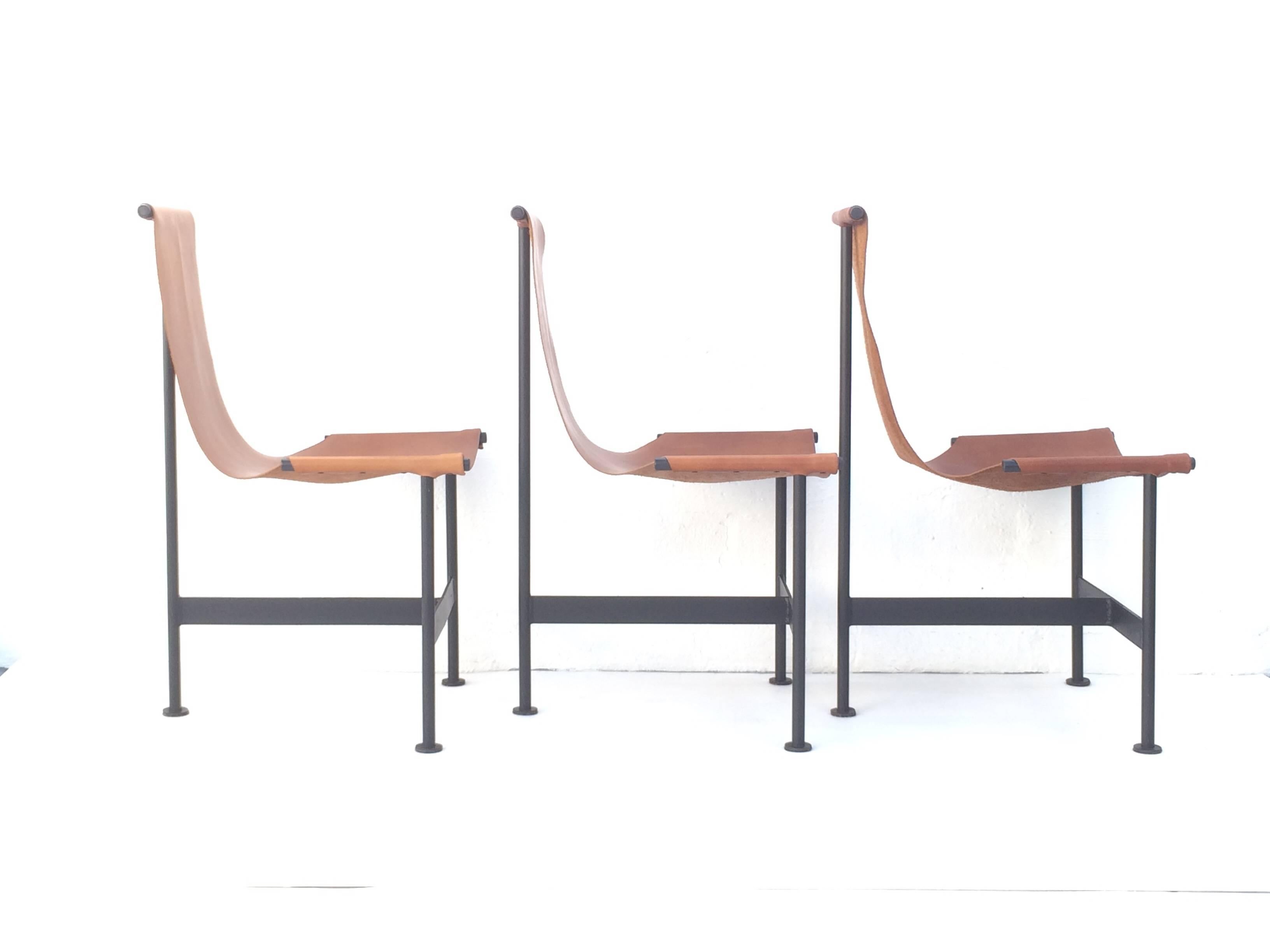 Mid-20th Century Set of Six 1940s Leather and Iron Sling Dining Chairs