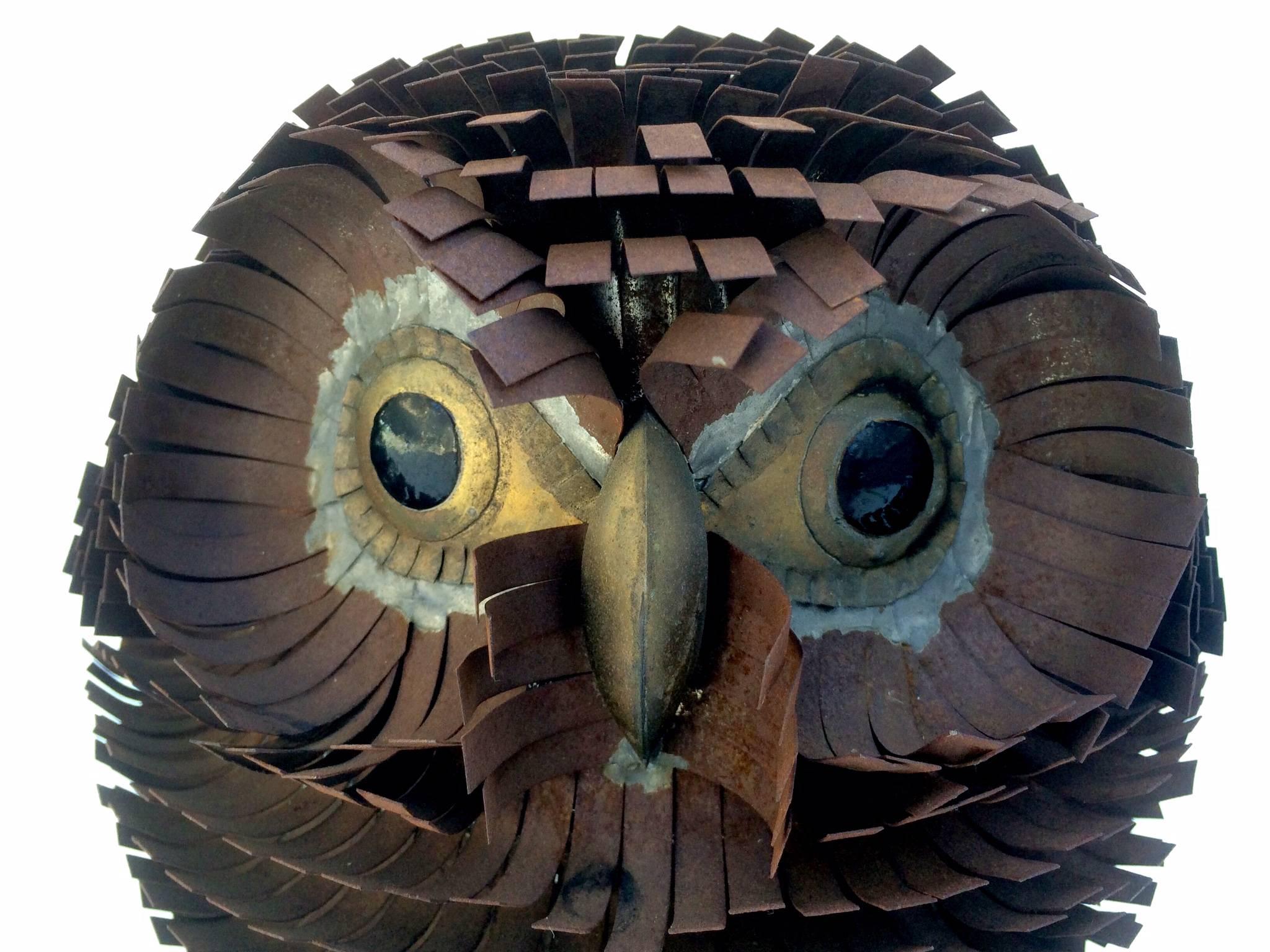 Brass and Metal Owl Sculpture by Curtis Jere. In Good Condition In Palm Springs, CA