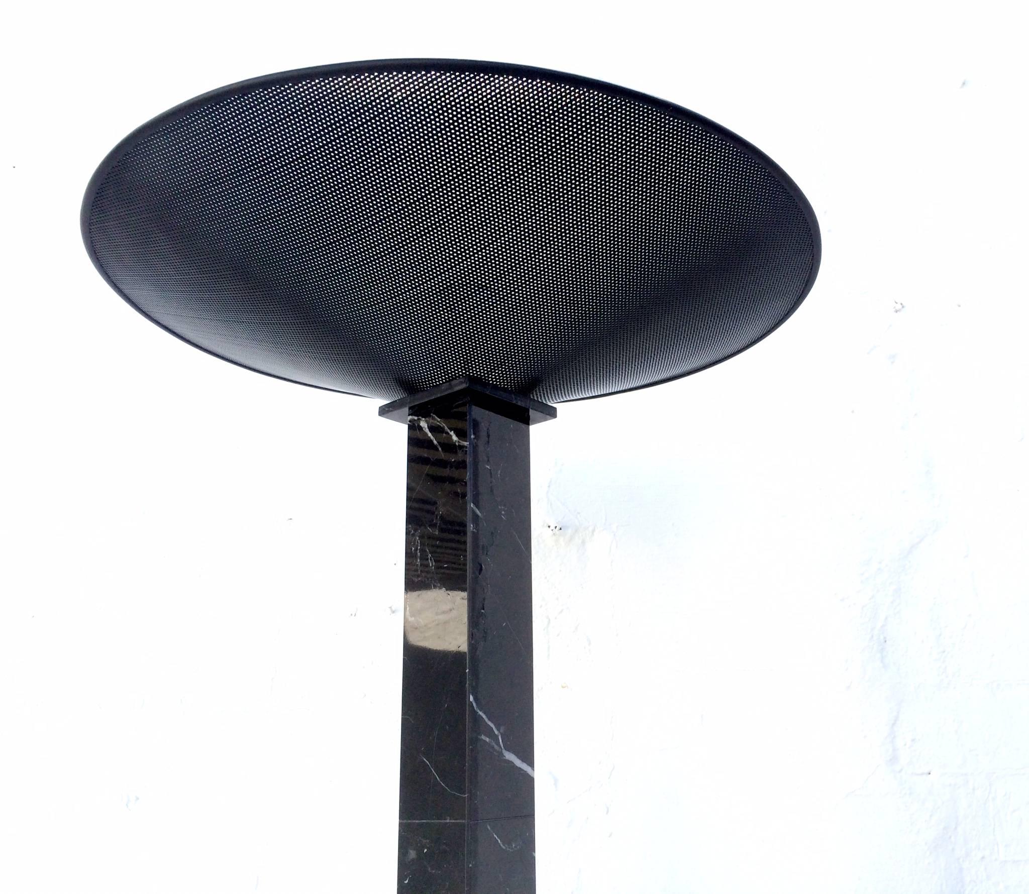 Beautiful black Italian marble torchiere floor lamp with a black perforated metal shade. Newly rewired.
 