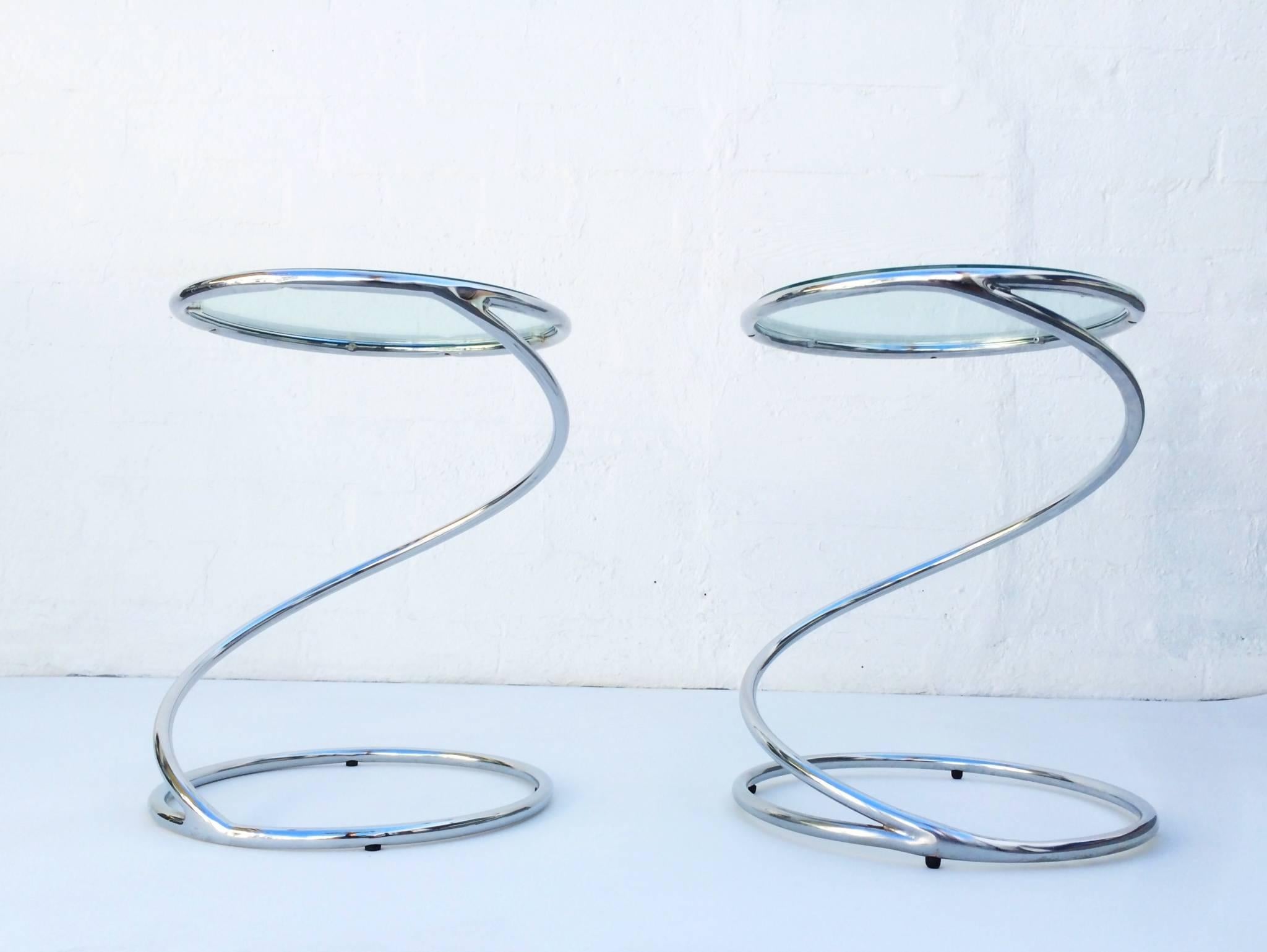American Polished Chrome and Glass Spiral Occasional Tables by Leon Rosen for Pace
