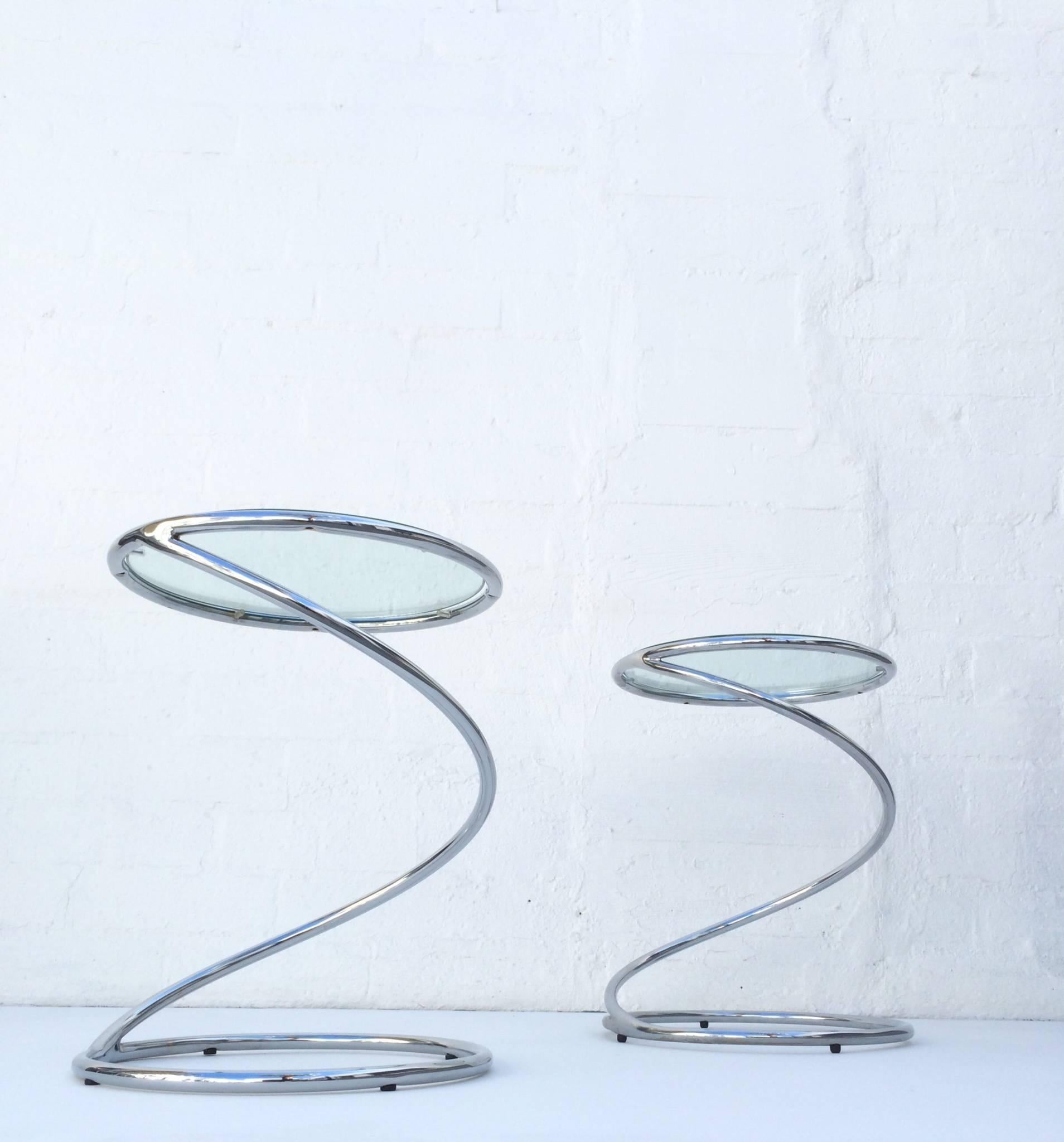 Late 20th Century Polished Chrome and Glass Spiral Occasional Tables by Leon Rosen for Pace
