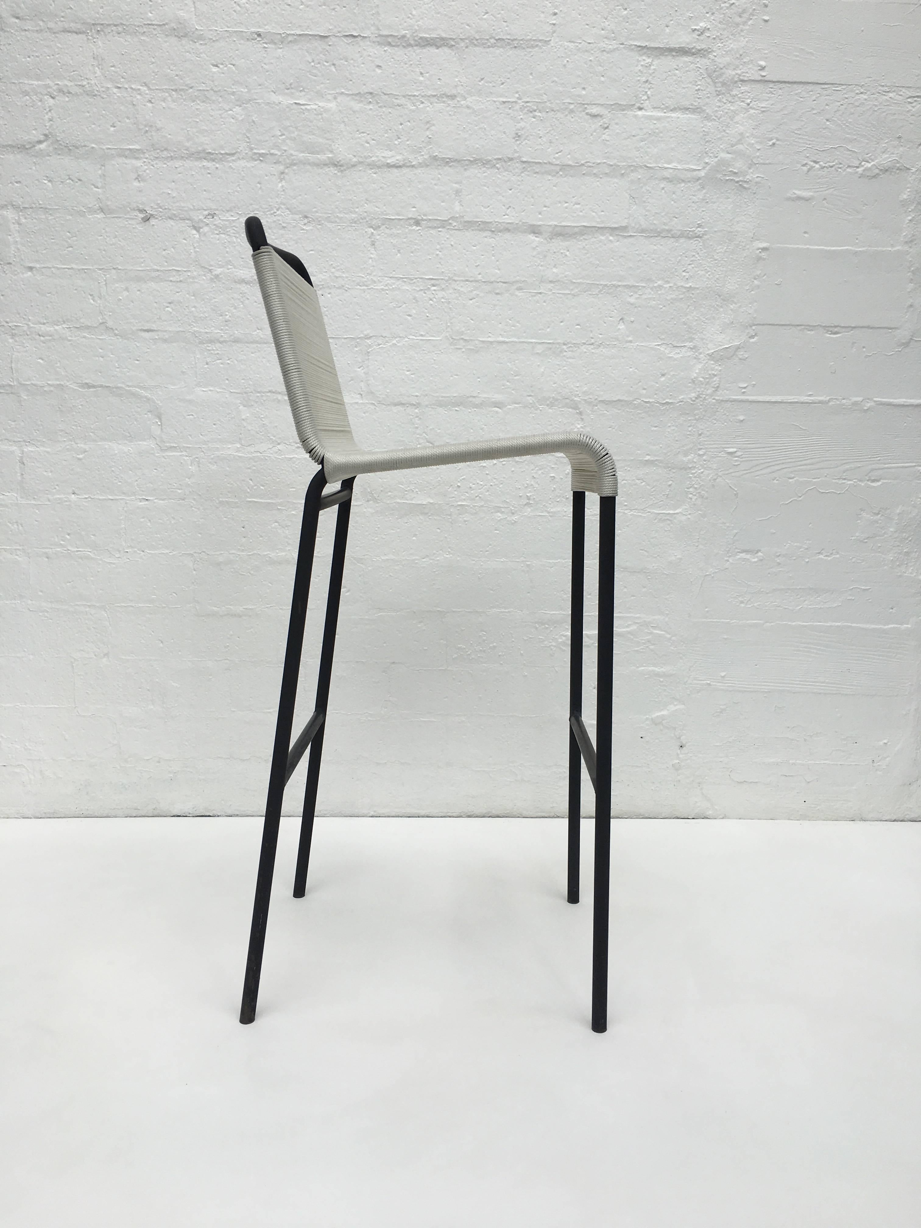 This rare California Modern design bar stools by Van Keppel and Taylor Green are in original condition. The string is in excellent condition but the black enamel paint shows some wear. This where purchased from original owner who purchased them in
