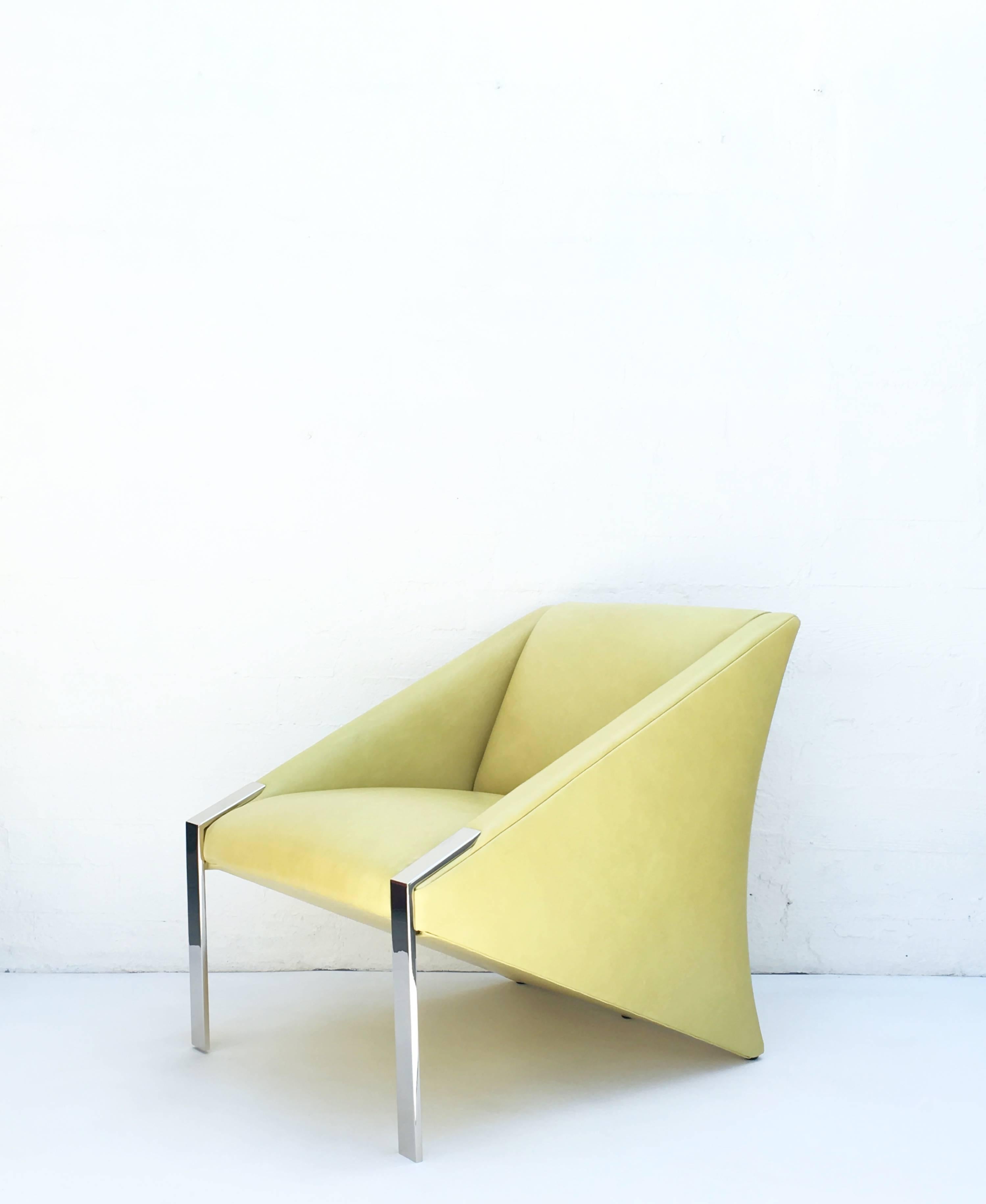 This rare sleek modern lounge chairs in the style of Milo Baughman 

Newly nickel-plated and reupholstered in a pale lime green leather.