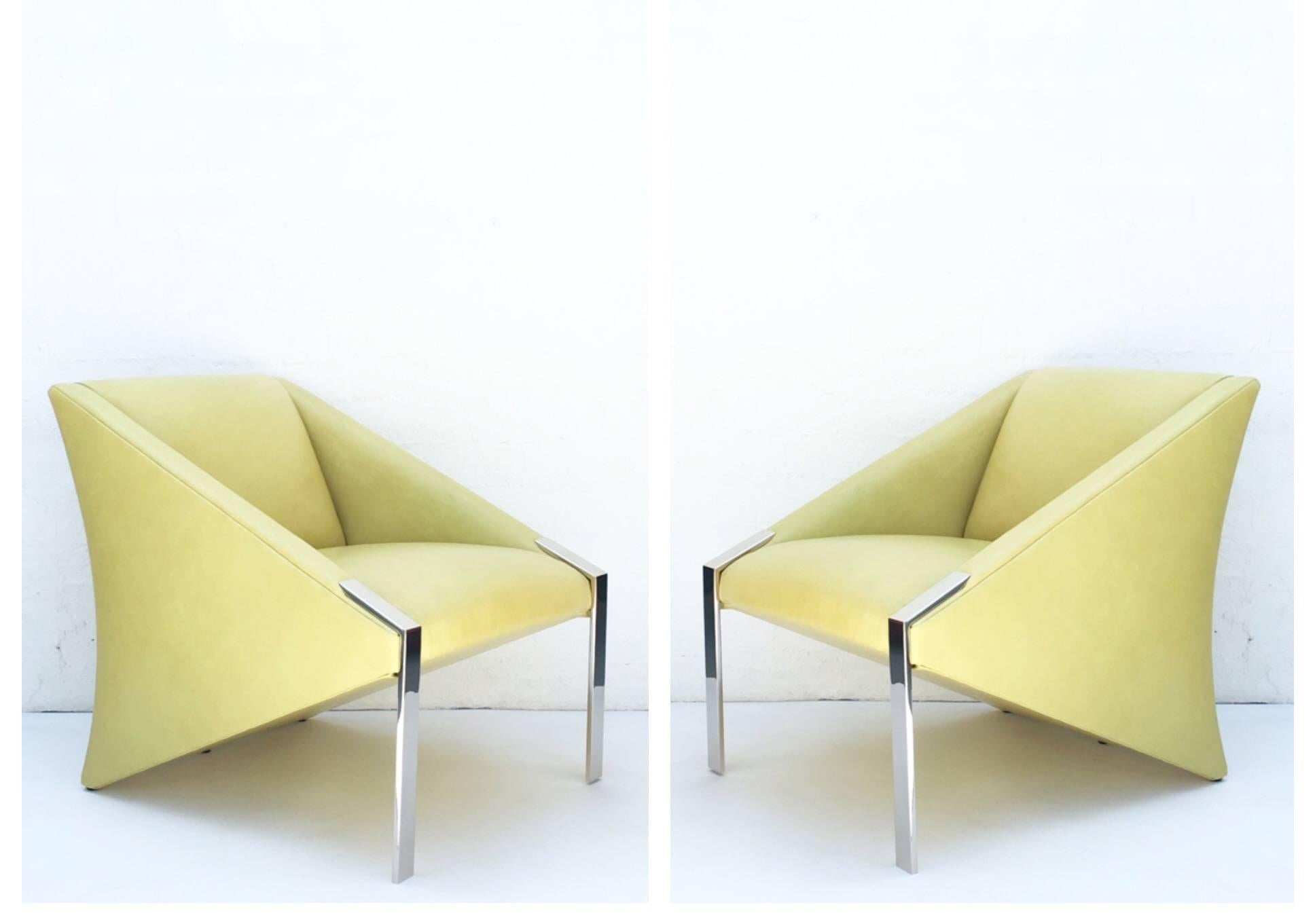 Pair of Leather and Nickel Lounge Chairs in the Style of Milo Baughman 3