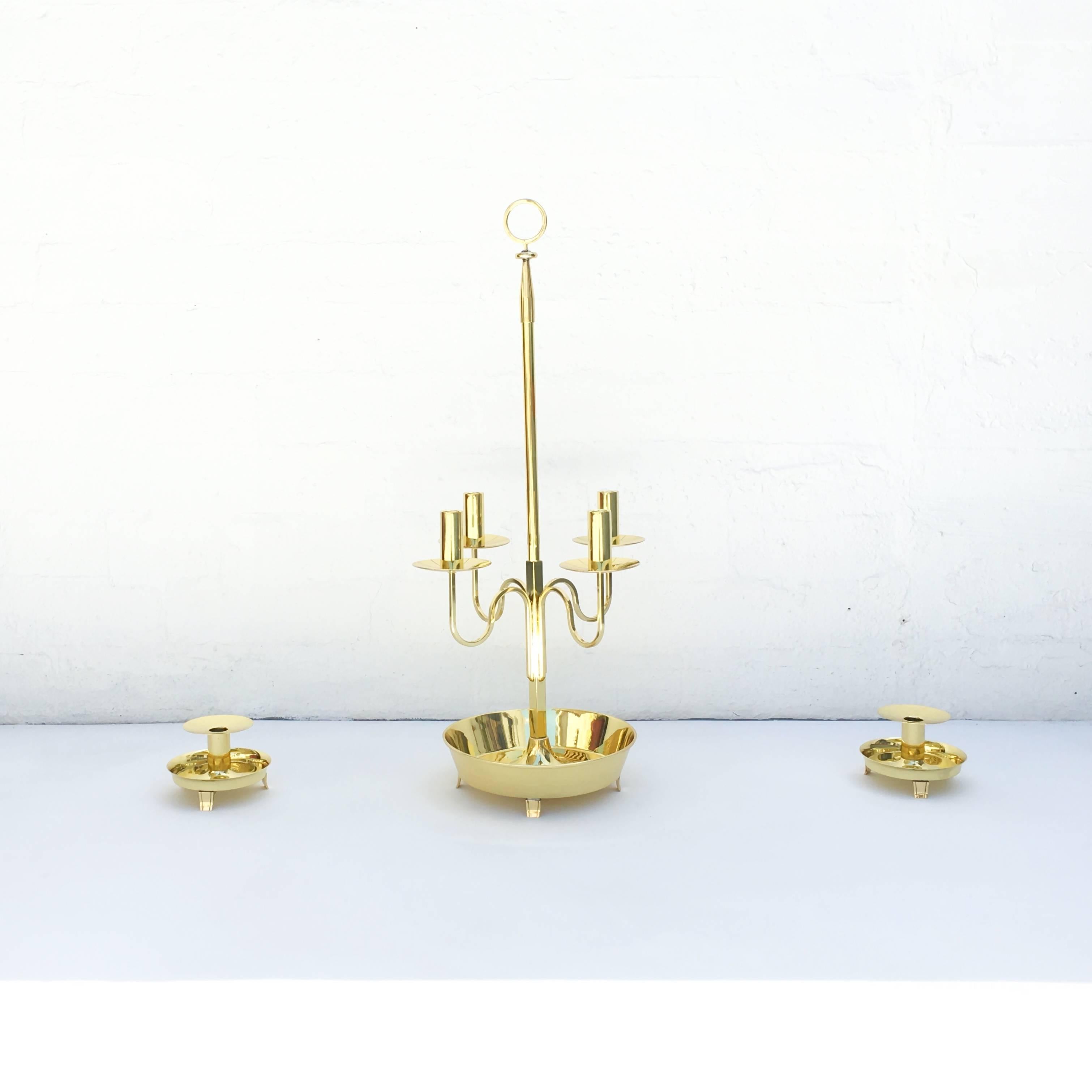 Polished Brass Three-Piece Candelabra Set by Tommi Parzinger In Excellent Condition For Sale In Palm Springs, CA