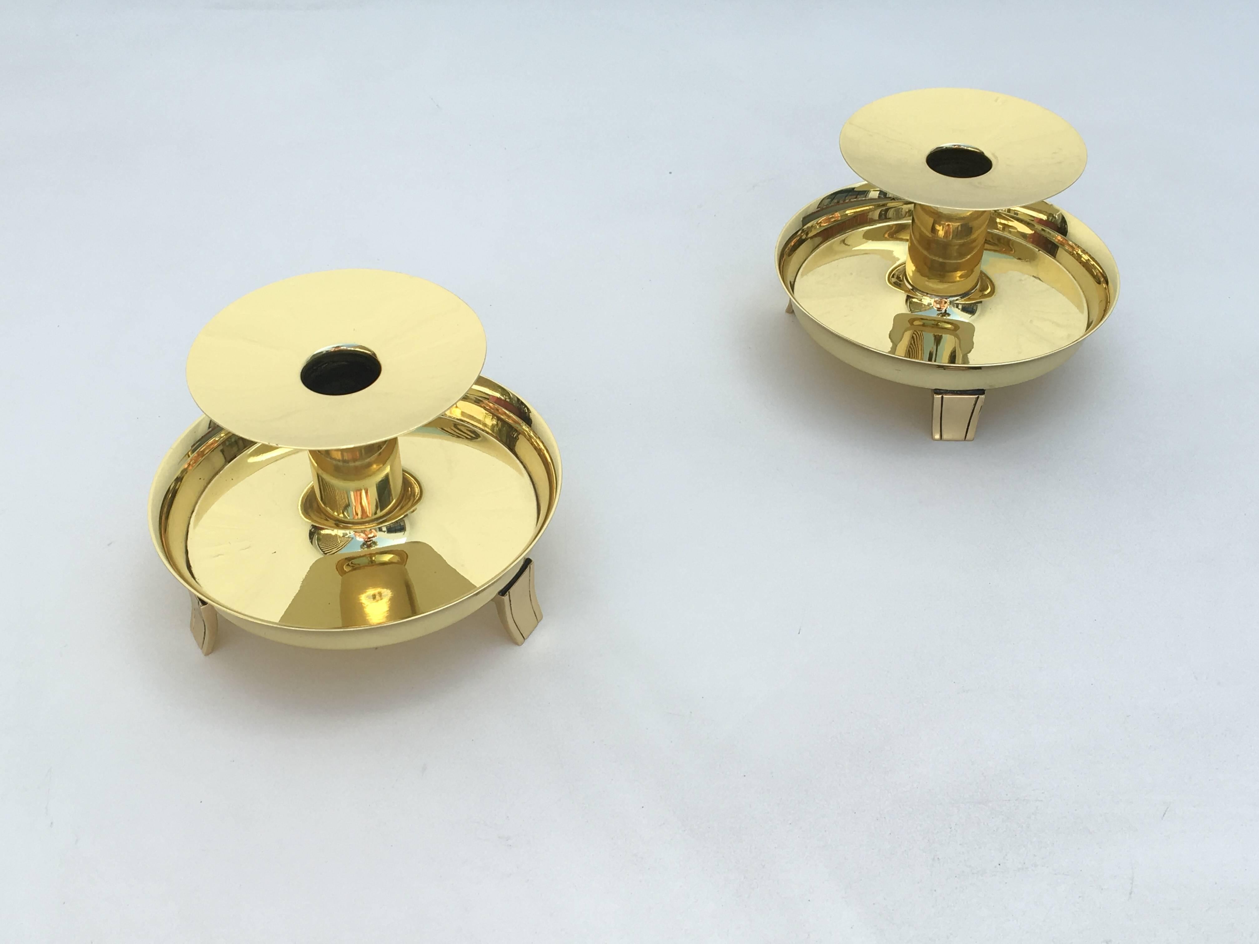 Polished Brass Three-Piece Candelabra Set by Tommi Parzinger For Sale 2