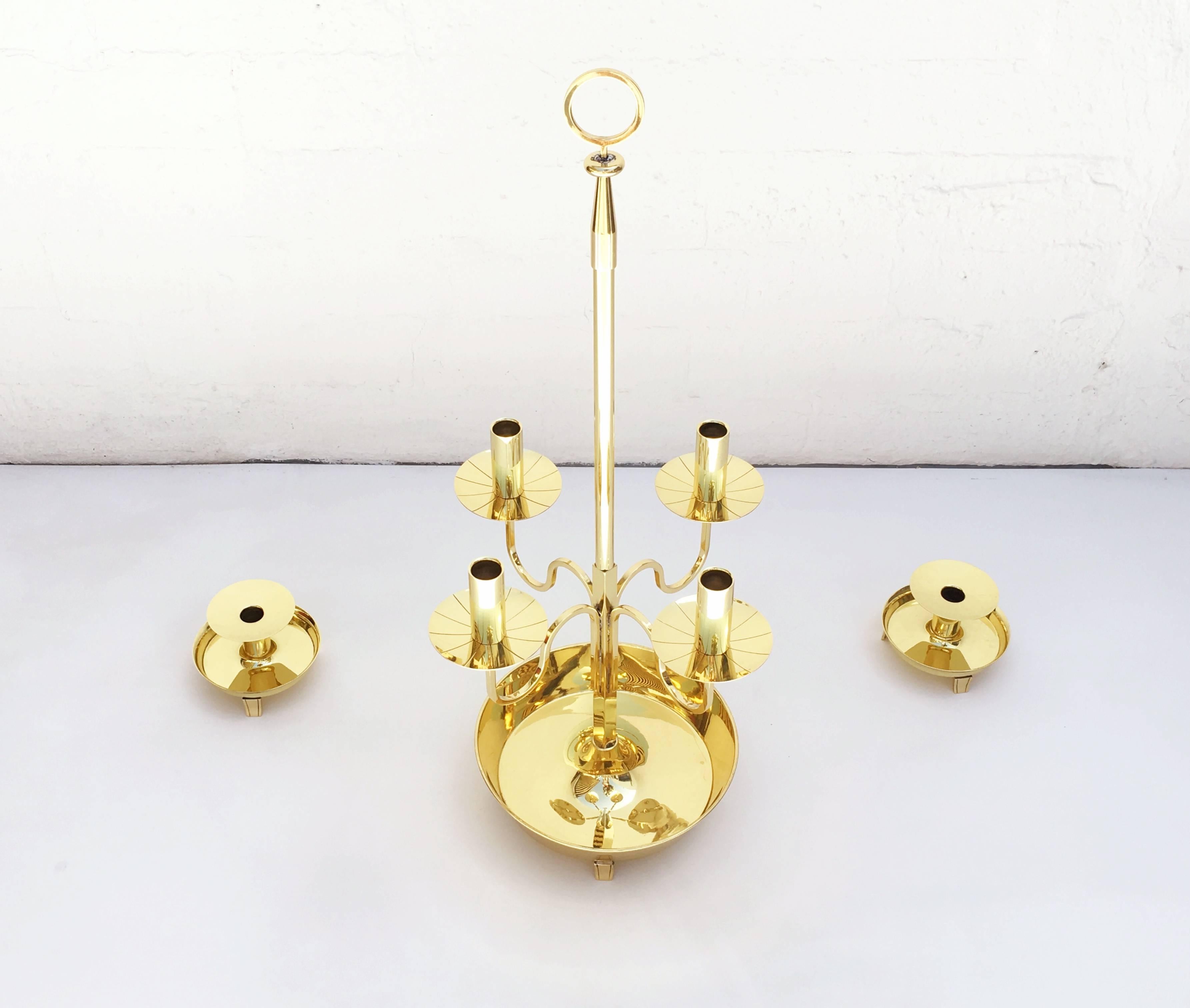 Polished Brass Three-Piece Candelabra Set by Tommi Parzinger For Sale 4