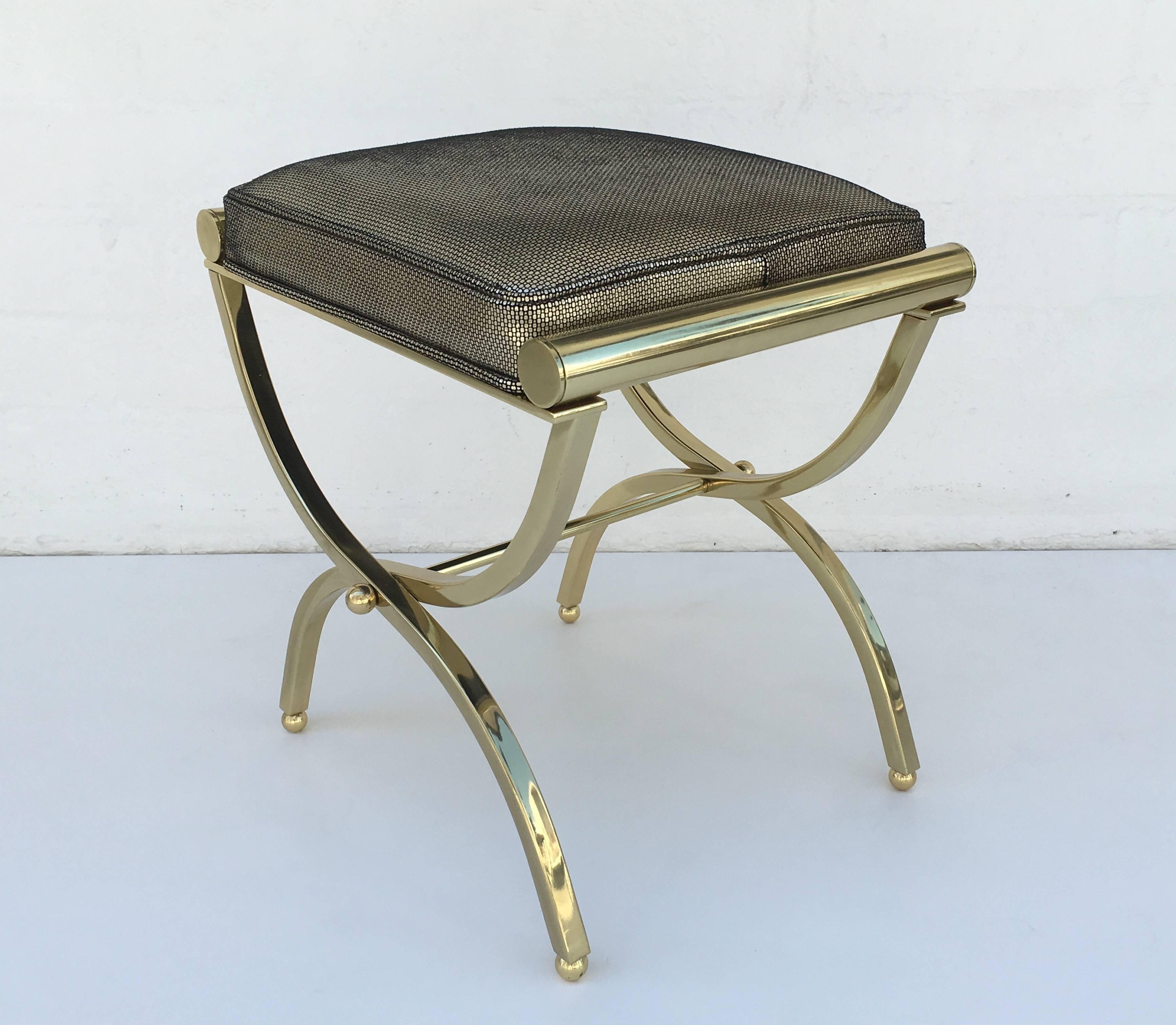 Hollywood Regency Polished Brass and Leather Vanity Stool by Charles Hollis Jones