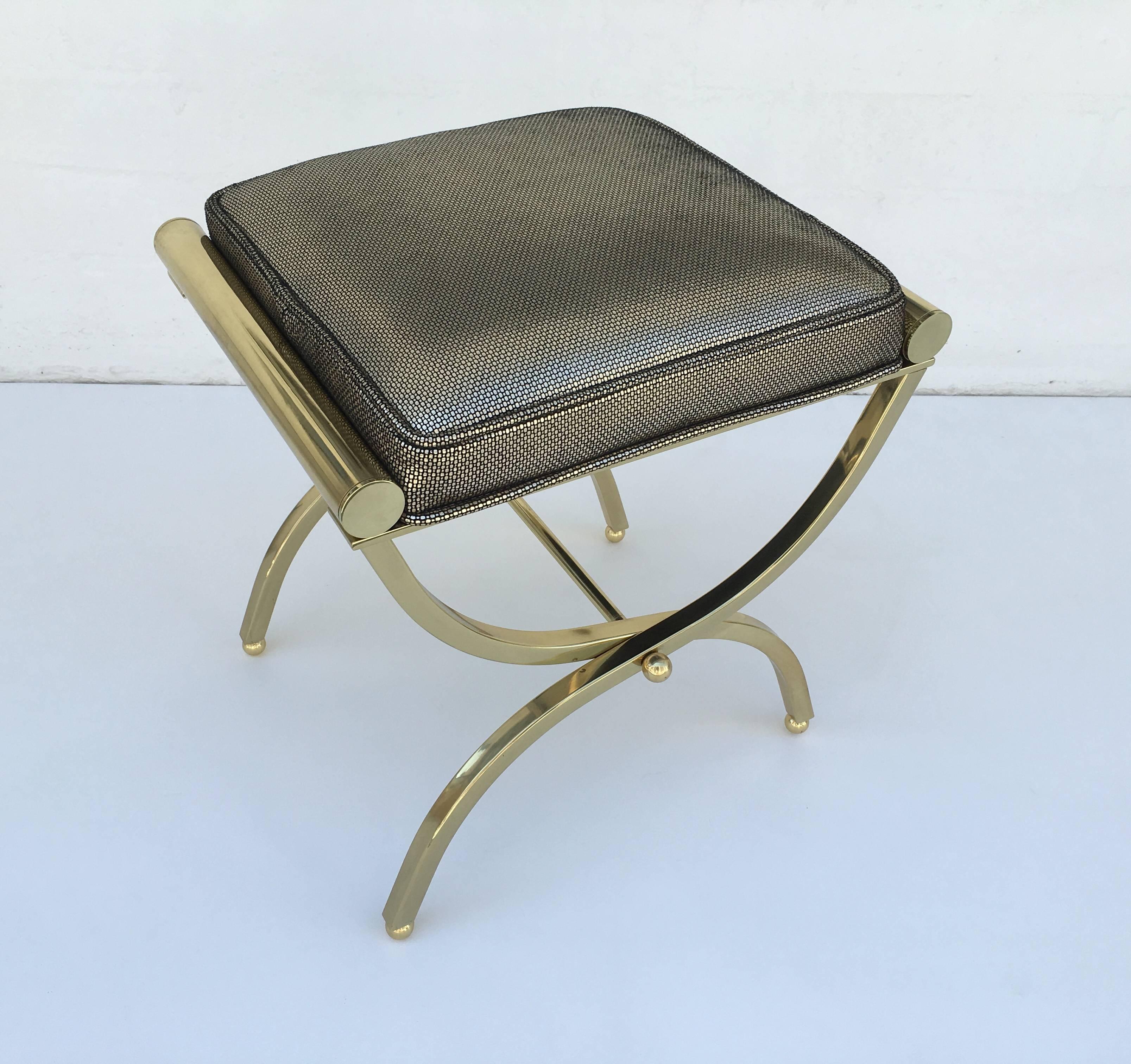 American Polished Brass and Leather Vanity Stool by Charles Hollis Jones
