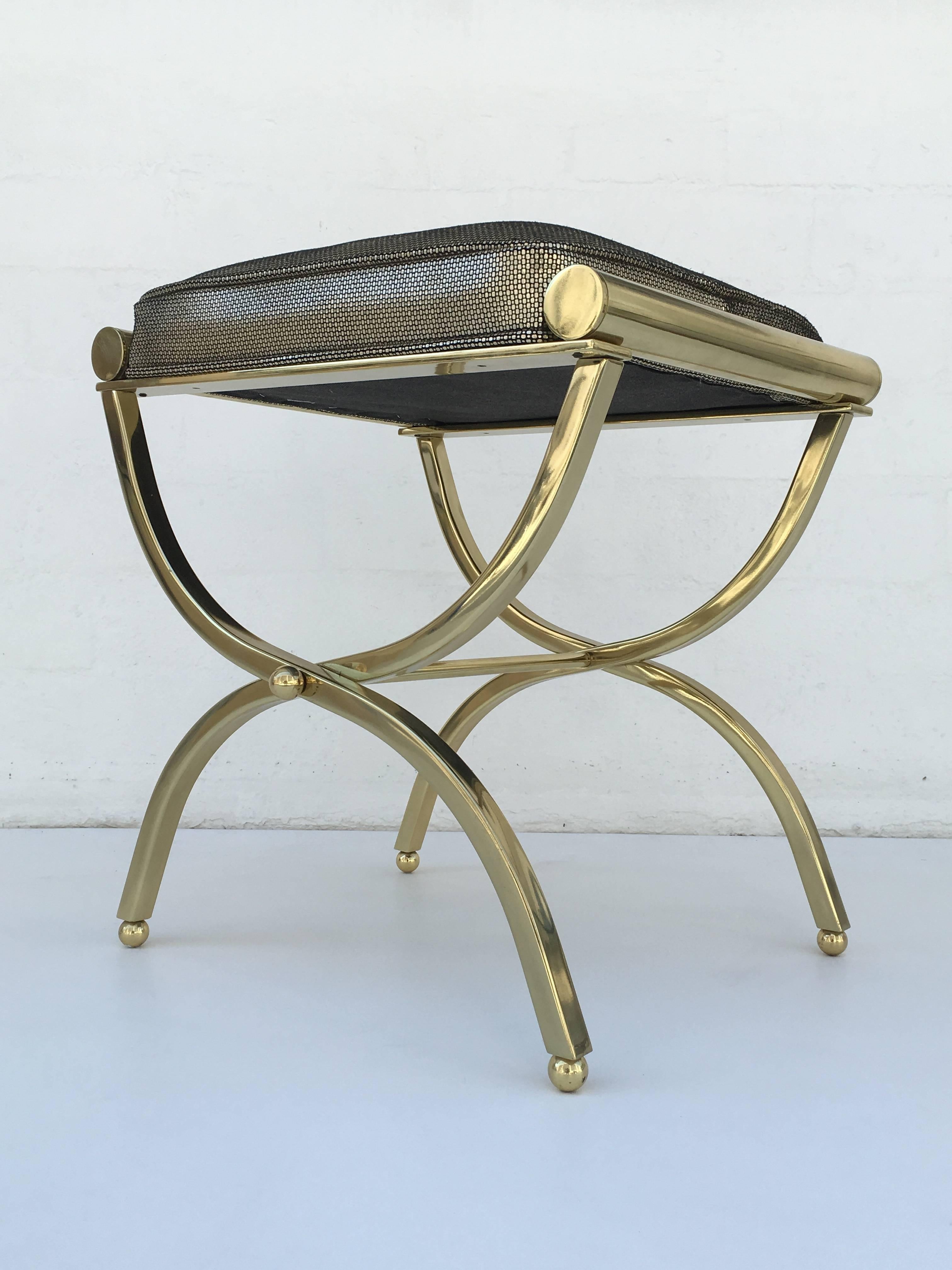 Polished Brass and Leather Vanity Stool by Charles Hollis Jones In Excellent Condition In Palm Springs, CA