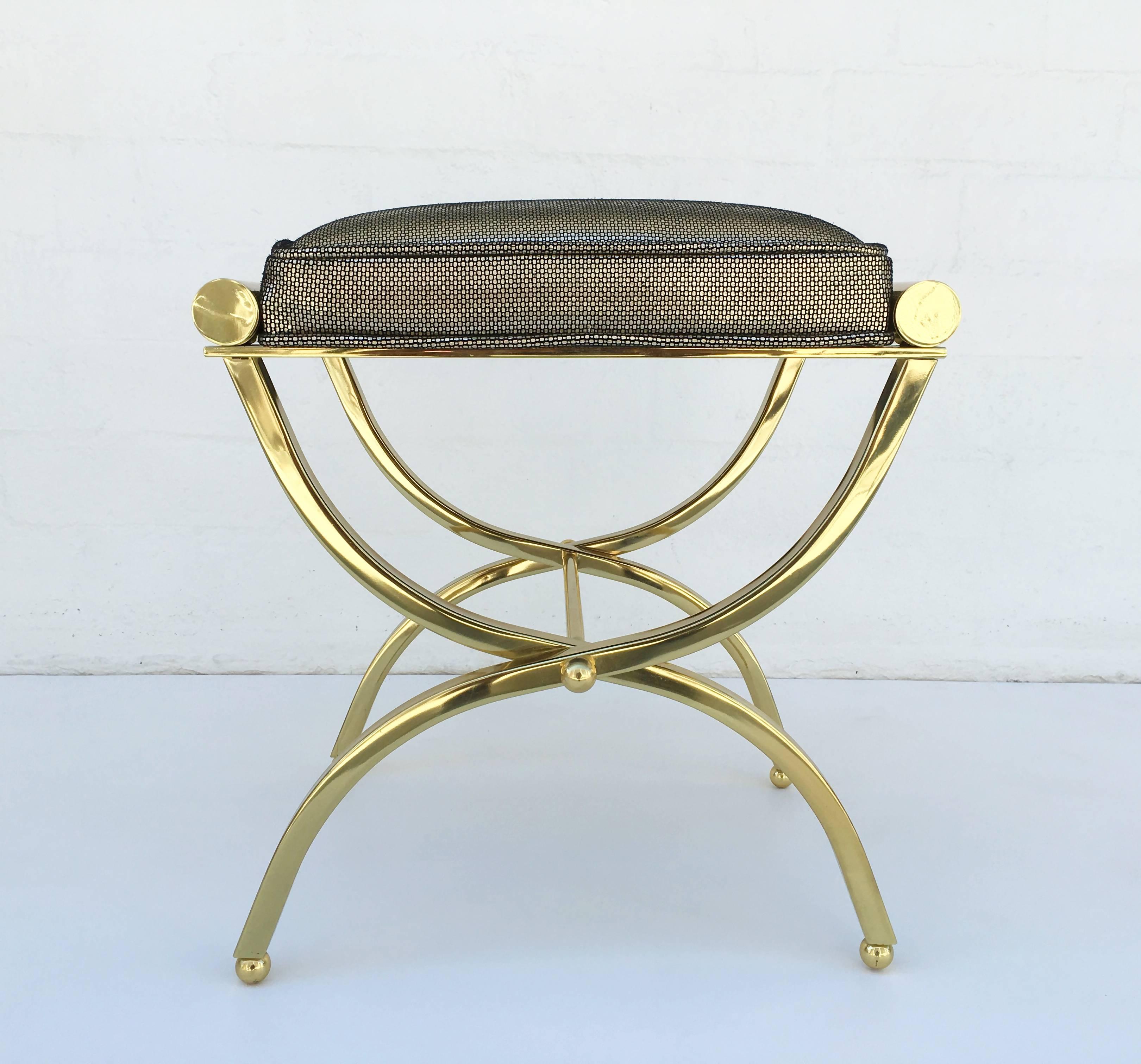 Mid-20th Century Polished Brass and Leather Vanity Stool by Charles Hollis Jones