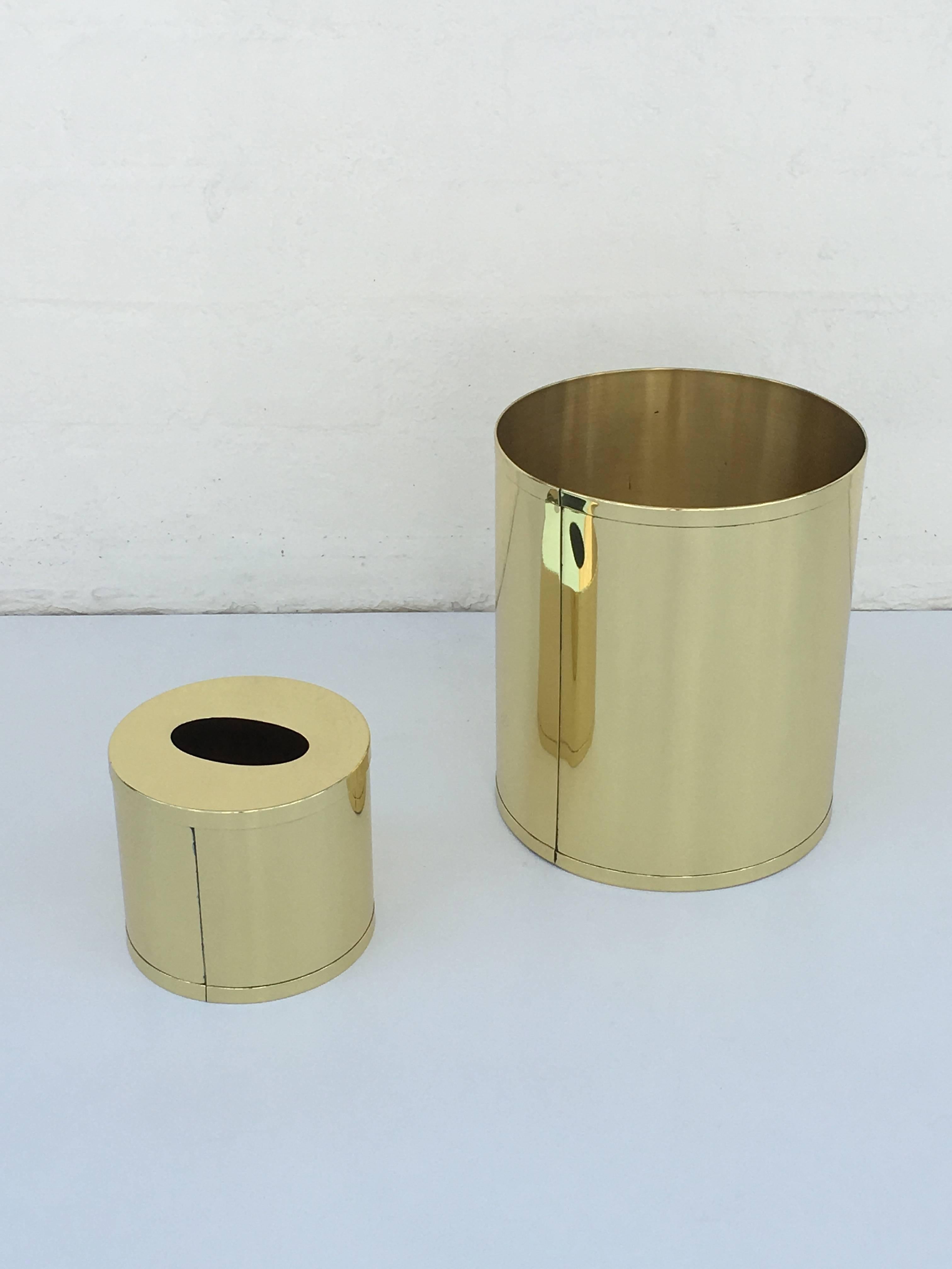 Brass Waste Basket and Tissue Box Holder by Charles Hollis Jones In Excellent Condition In Palm Springs, CA
