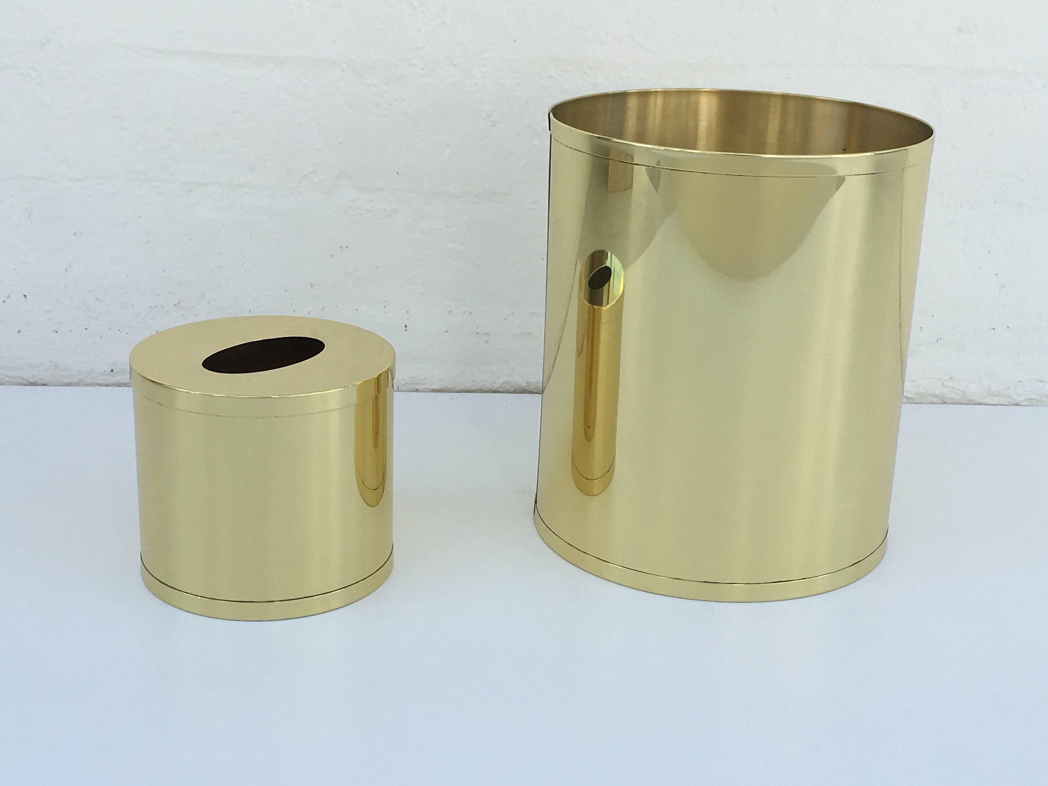 Late 20th Century Brass Waste Basket and Tissue Box Holder by Charles Hollis Jones