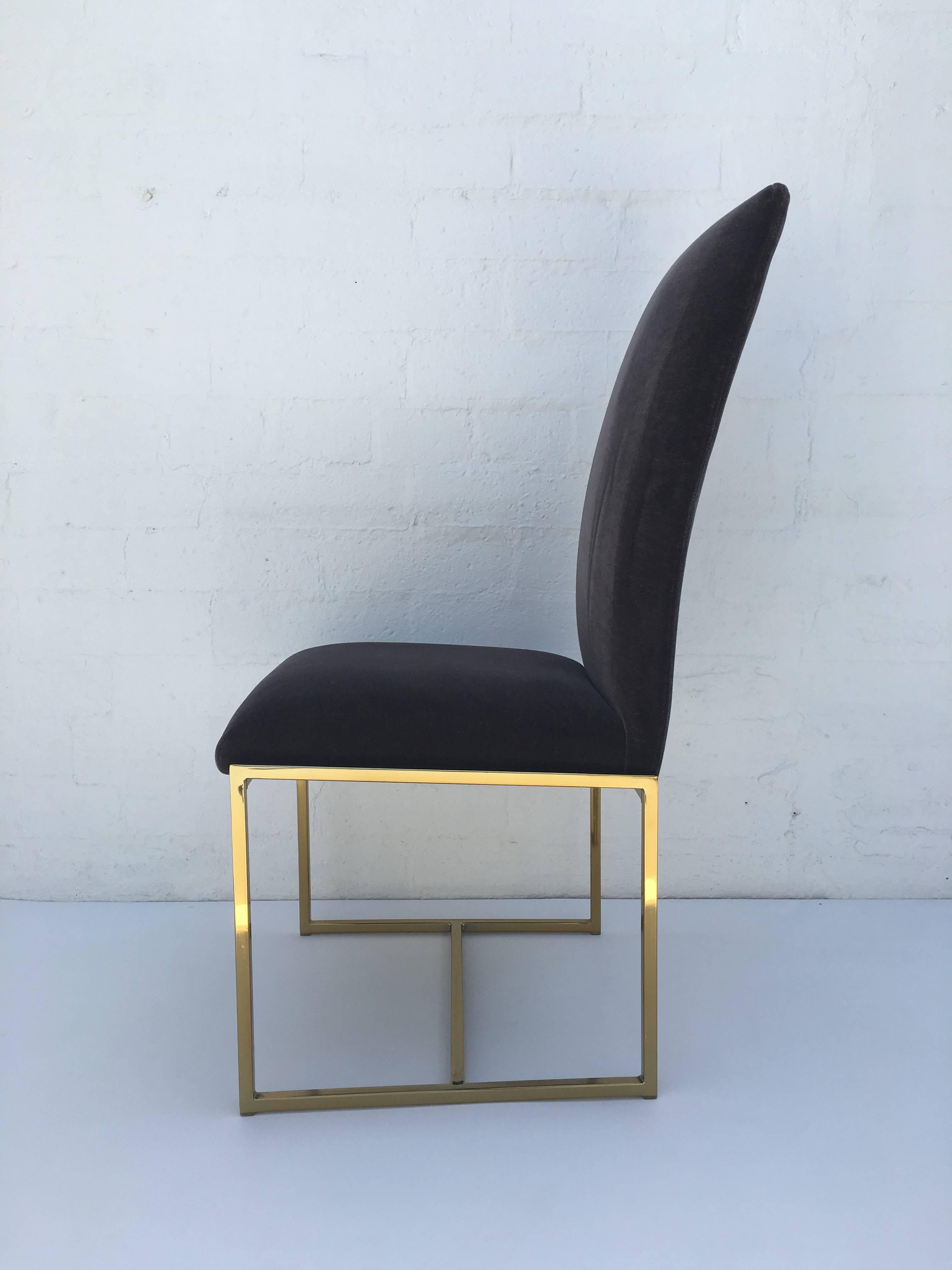 Polished Six Brass and Mohair Dining Chairs by Milo Baughman for Thayer Coggin