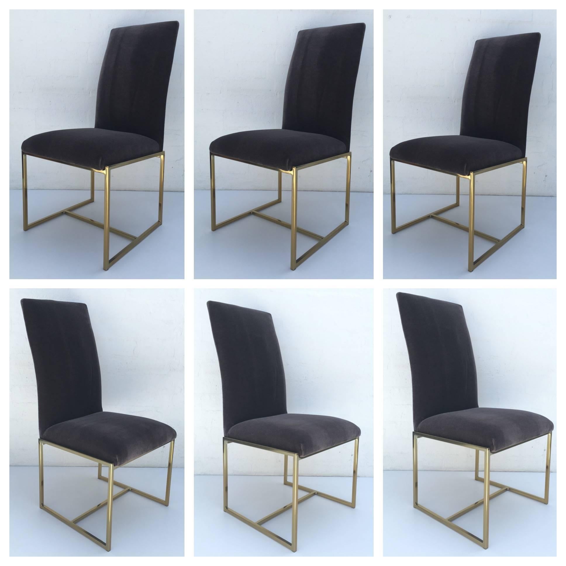 Six Brass and Mohair Dining Chairs by Milo Baughman for Thayer Coggin 3