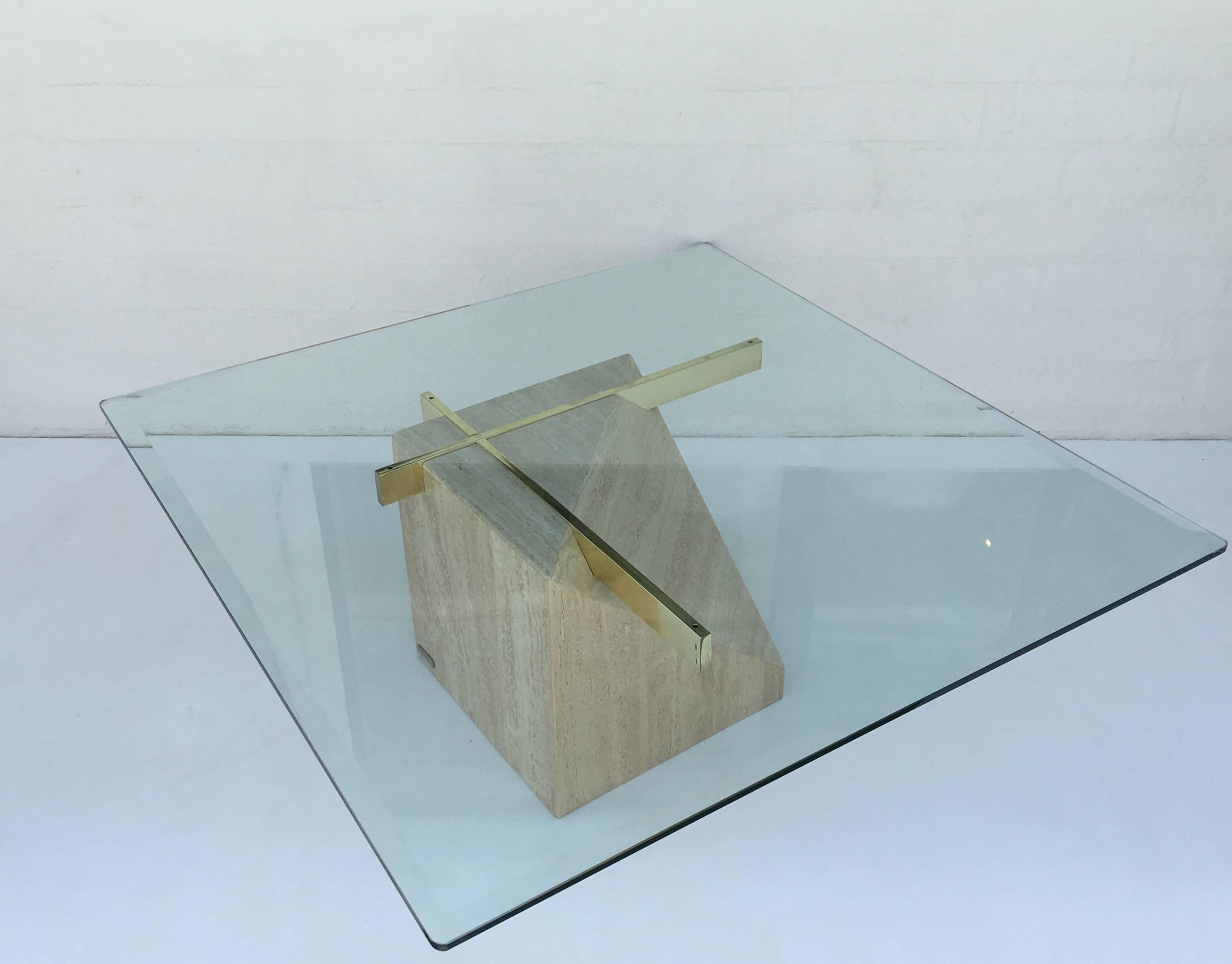 Modern Italian Travertine and Brass with Glass Top Cocktail Table by Artedi