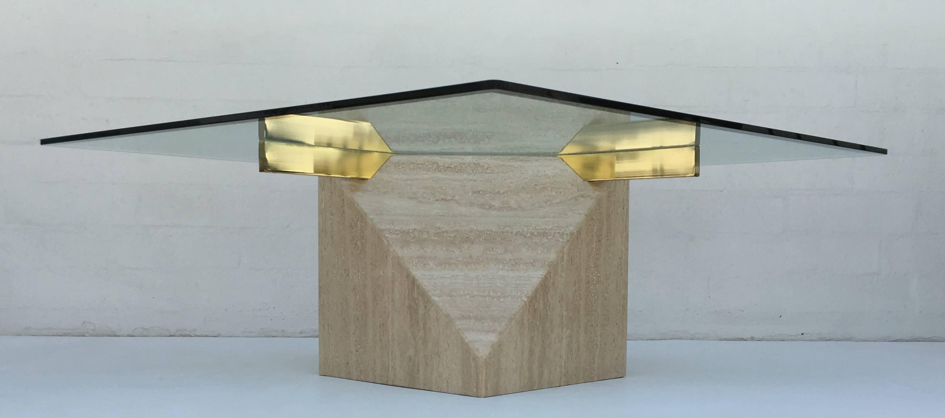 British Italian Travertine and Brass with Glass Top Cocktail Table by Artedi