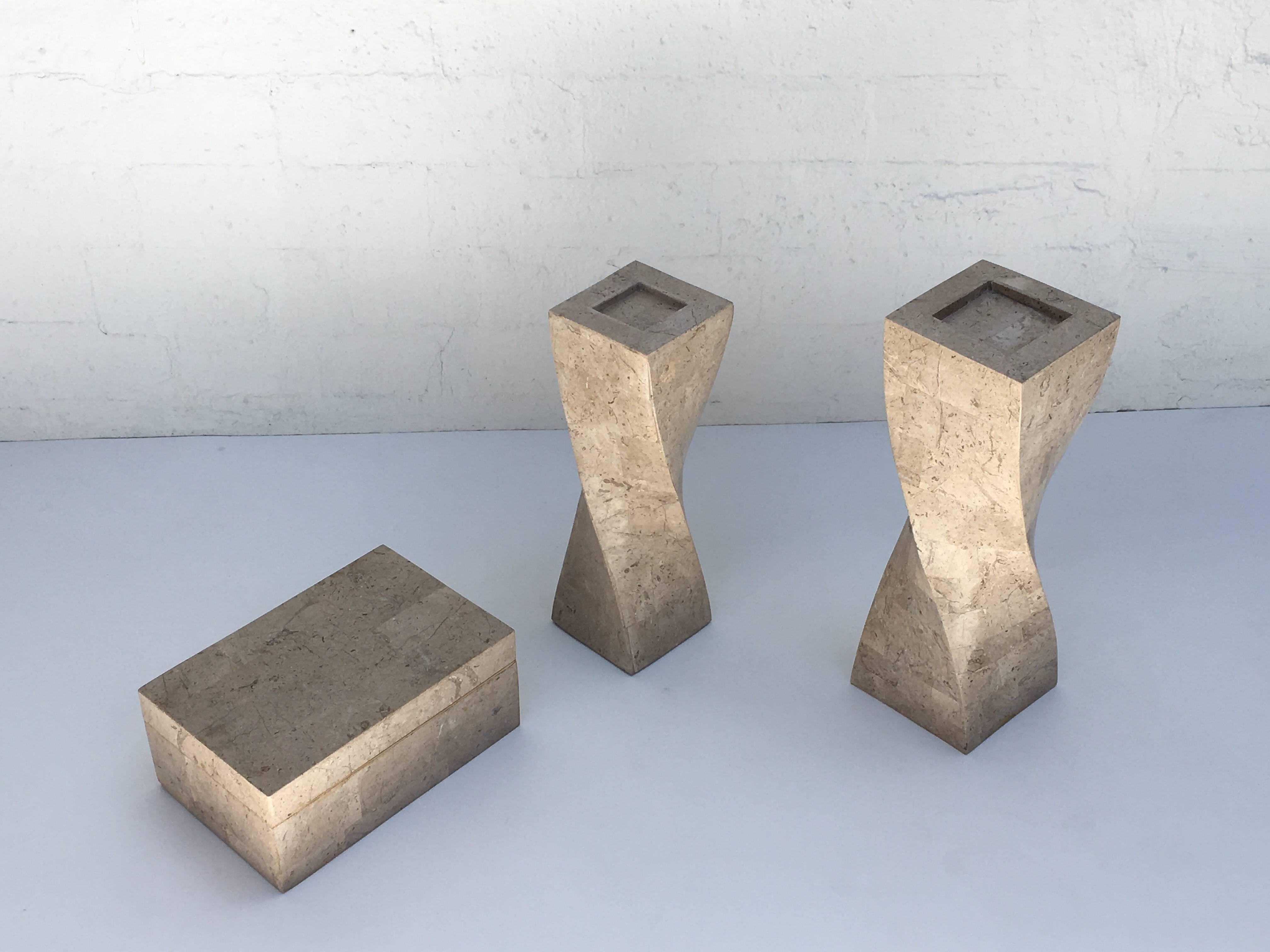 1970s tessellated travertine box with velvet lining and sculptured candlesticks by Maitland Smith. 

Box- 5.25
