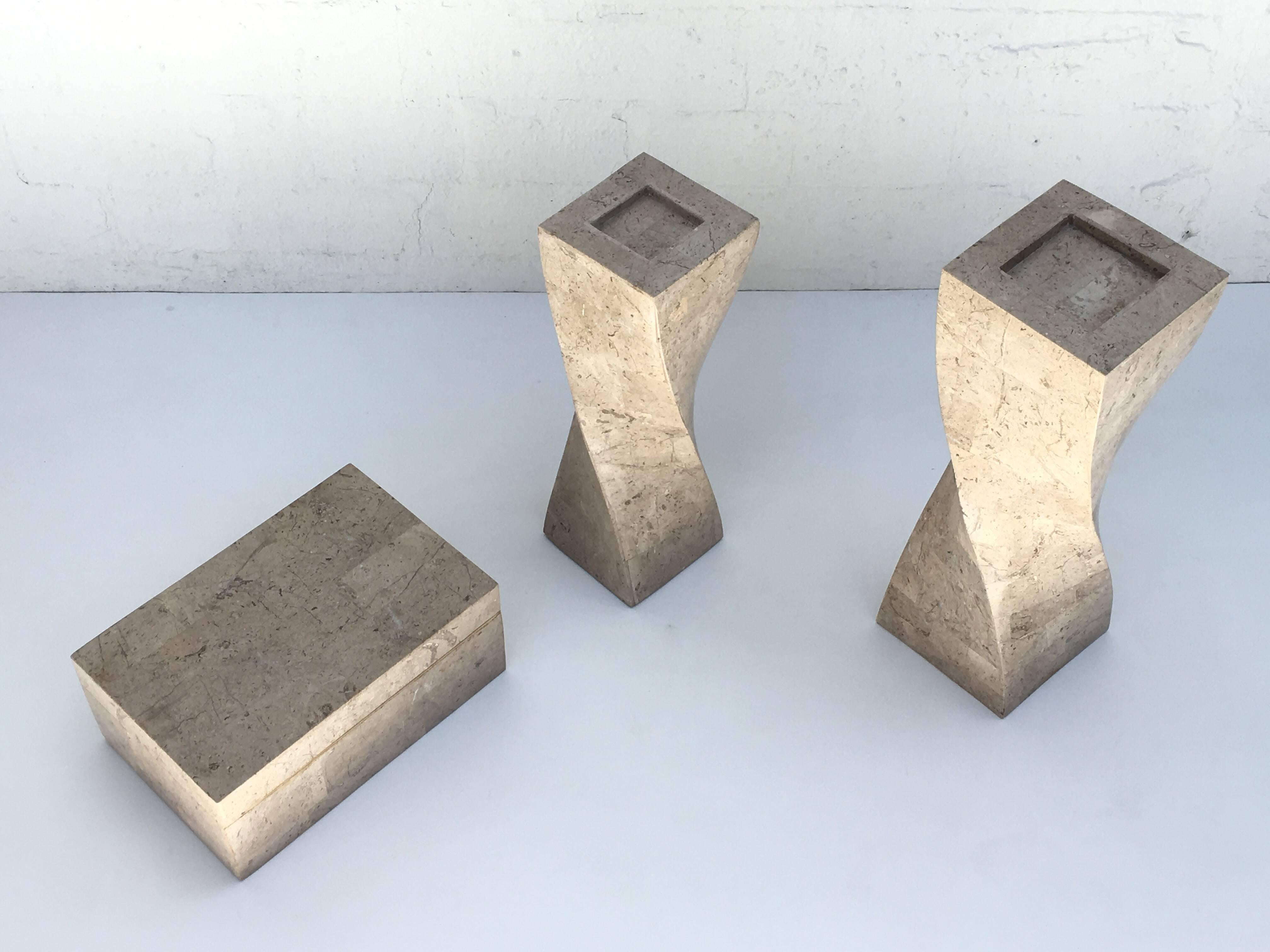 Modern Polished Travertine Box and Candlesticks by Maitland-Smith