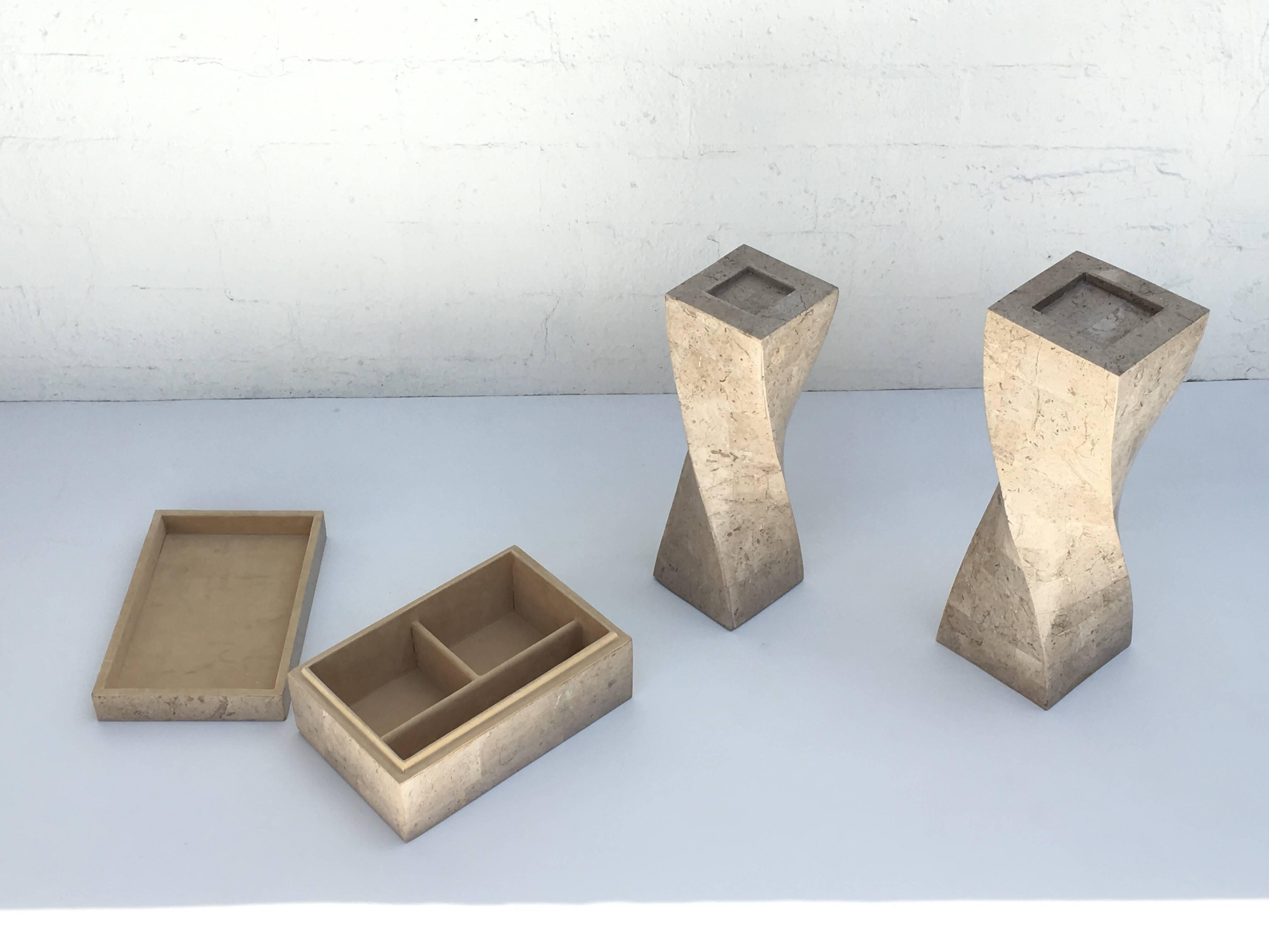 American Polished Travertine Box and Candlesticks by Maitland-Smith