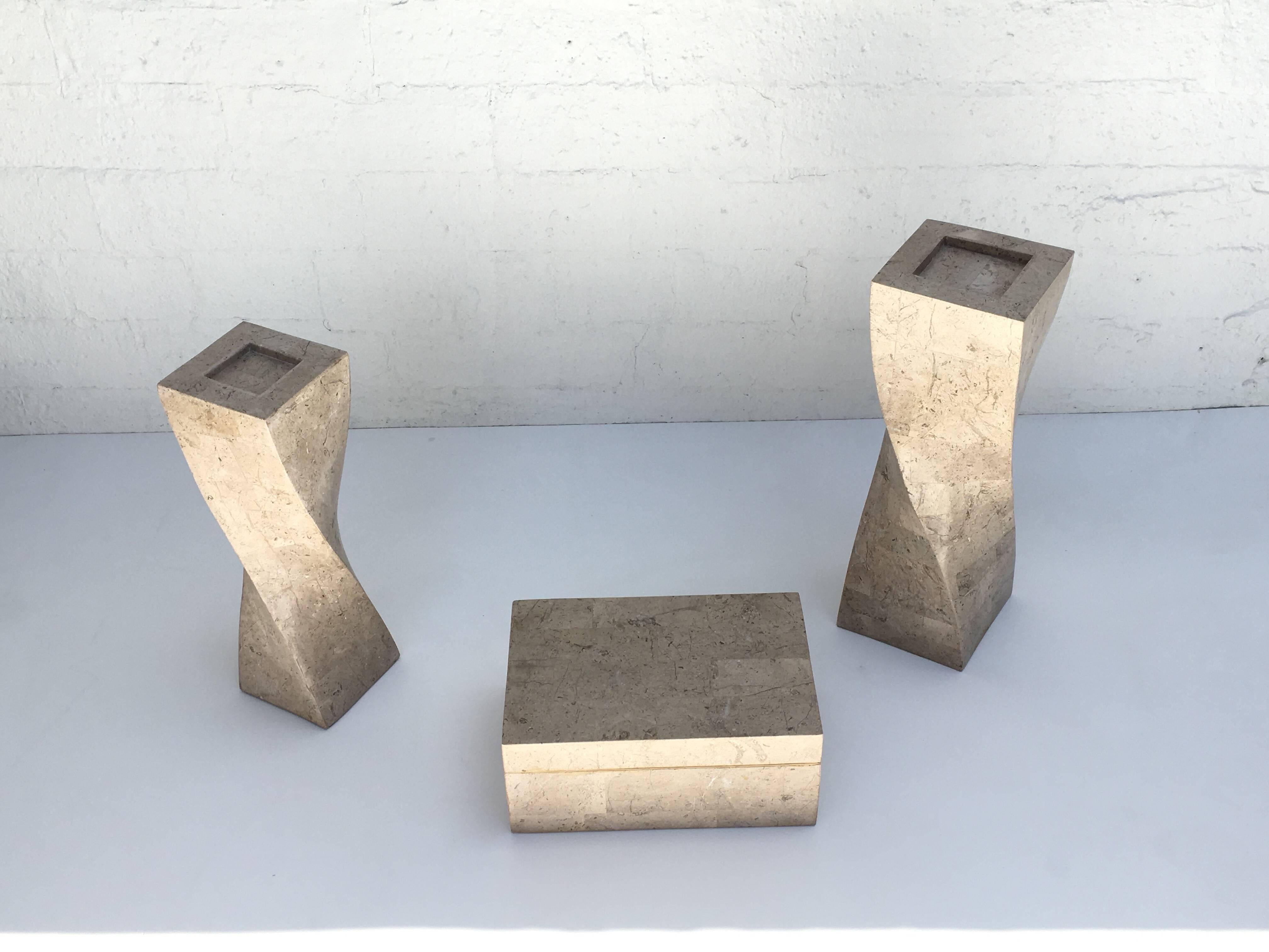 Late 20th Century Polished Travertine Box and Candlesticks by Maitland-Smith