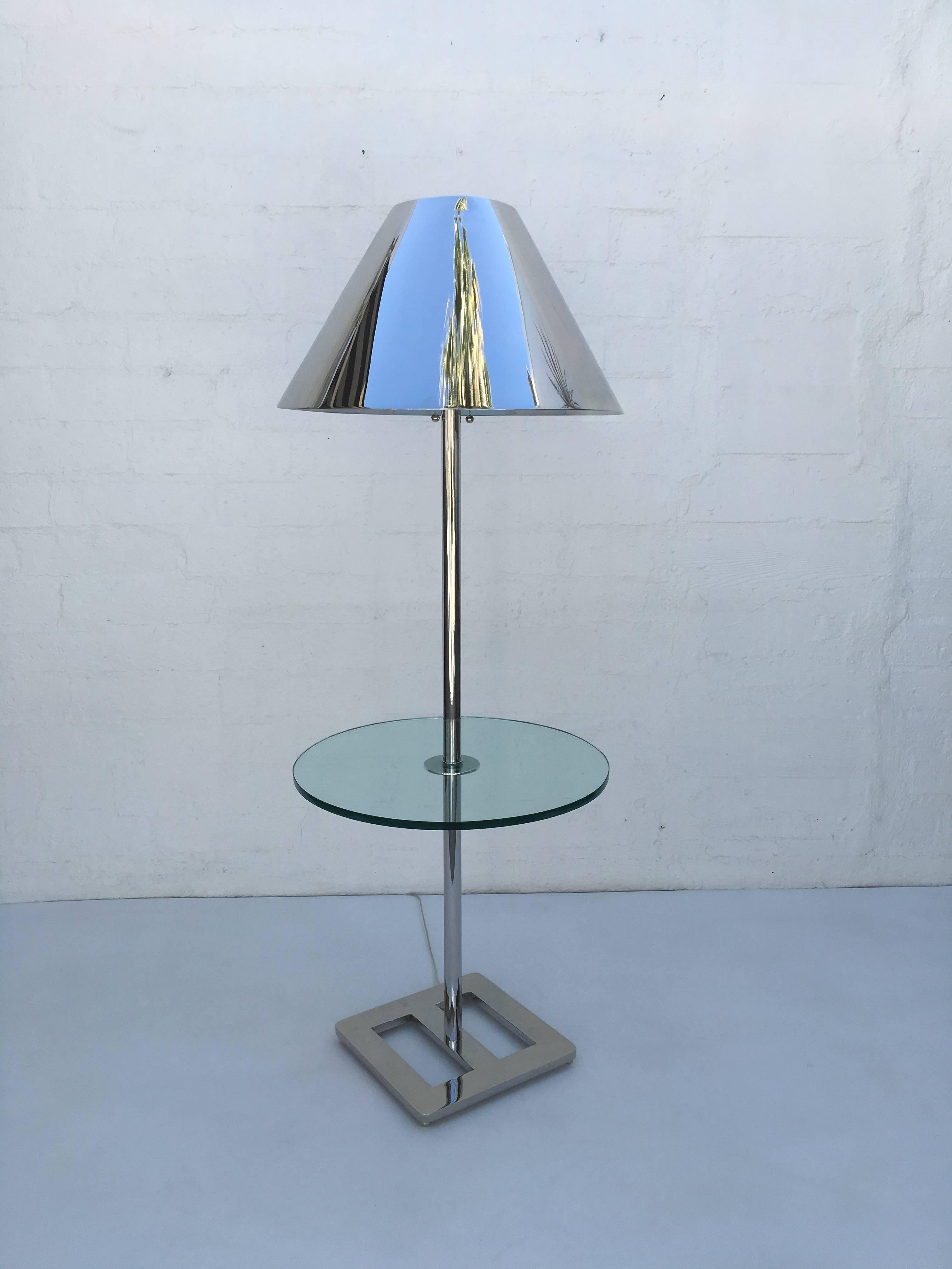 American Polished Nickel and Glass Floor Lamp with Table by Charles Hollis Jones For Sale
